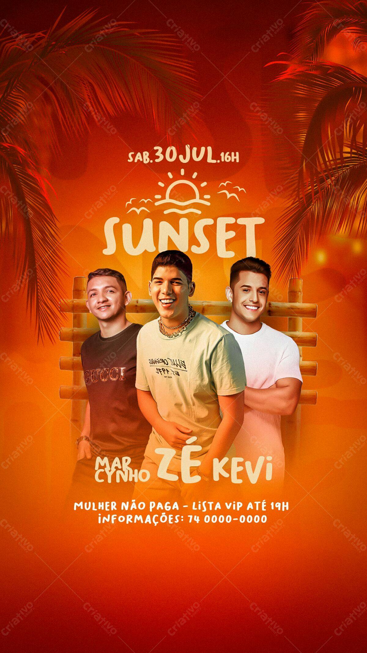 Flyer Festa Sunset com MC Mar, Cynho e Zé Kevi PSD Editável