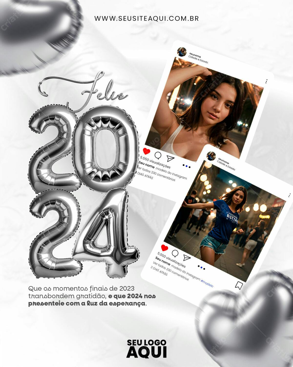 Flyer Fim de Ano com Balões Prata PSD Editável