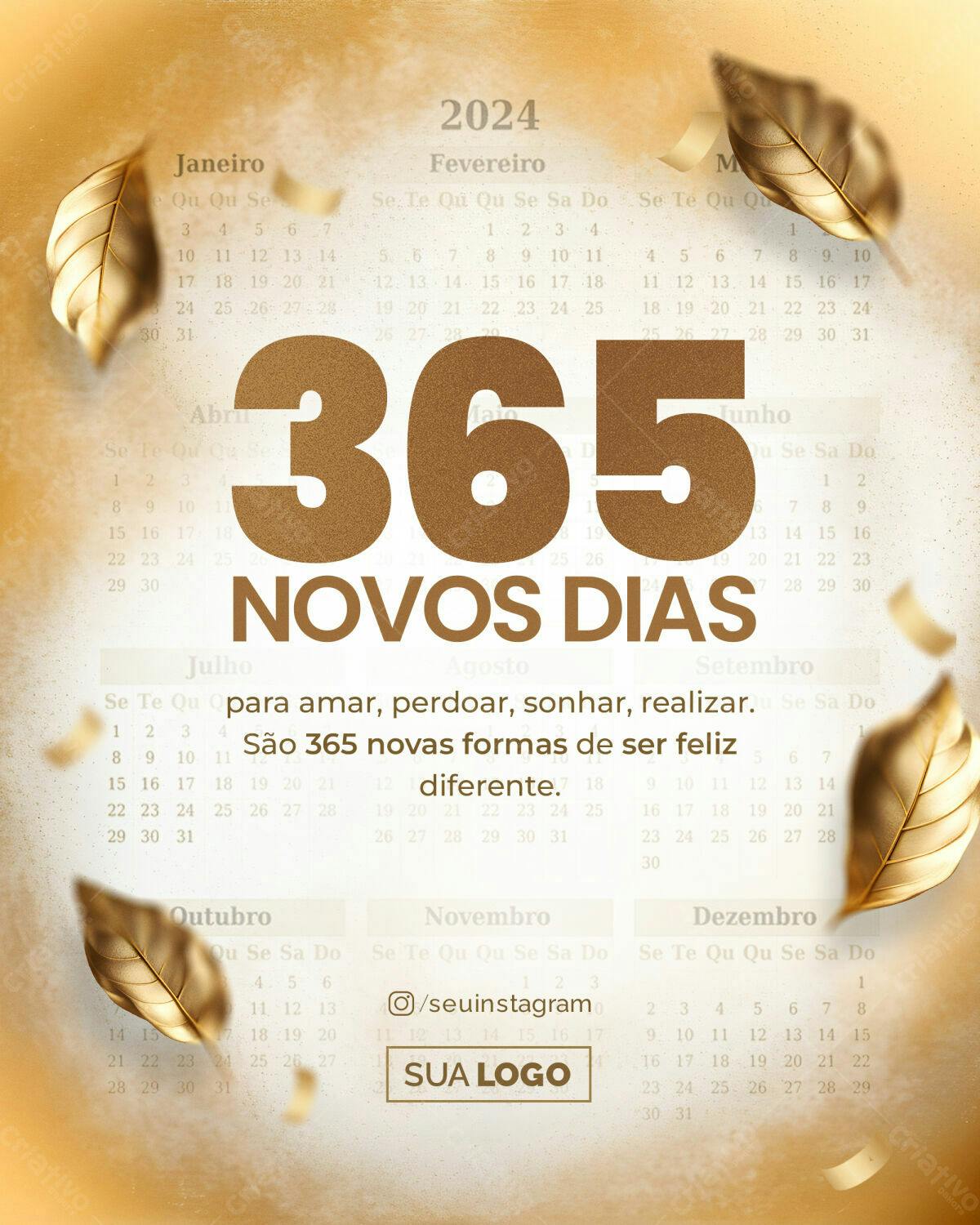 Calendário 2024 com Folhas Douradas PSD Editável