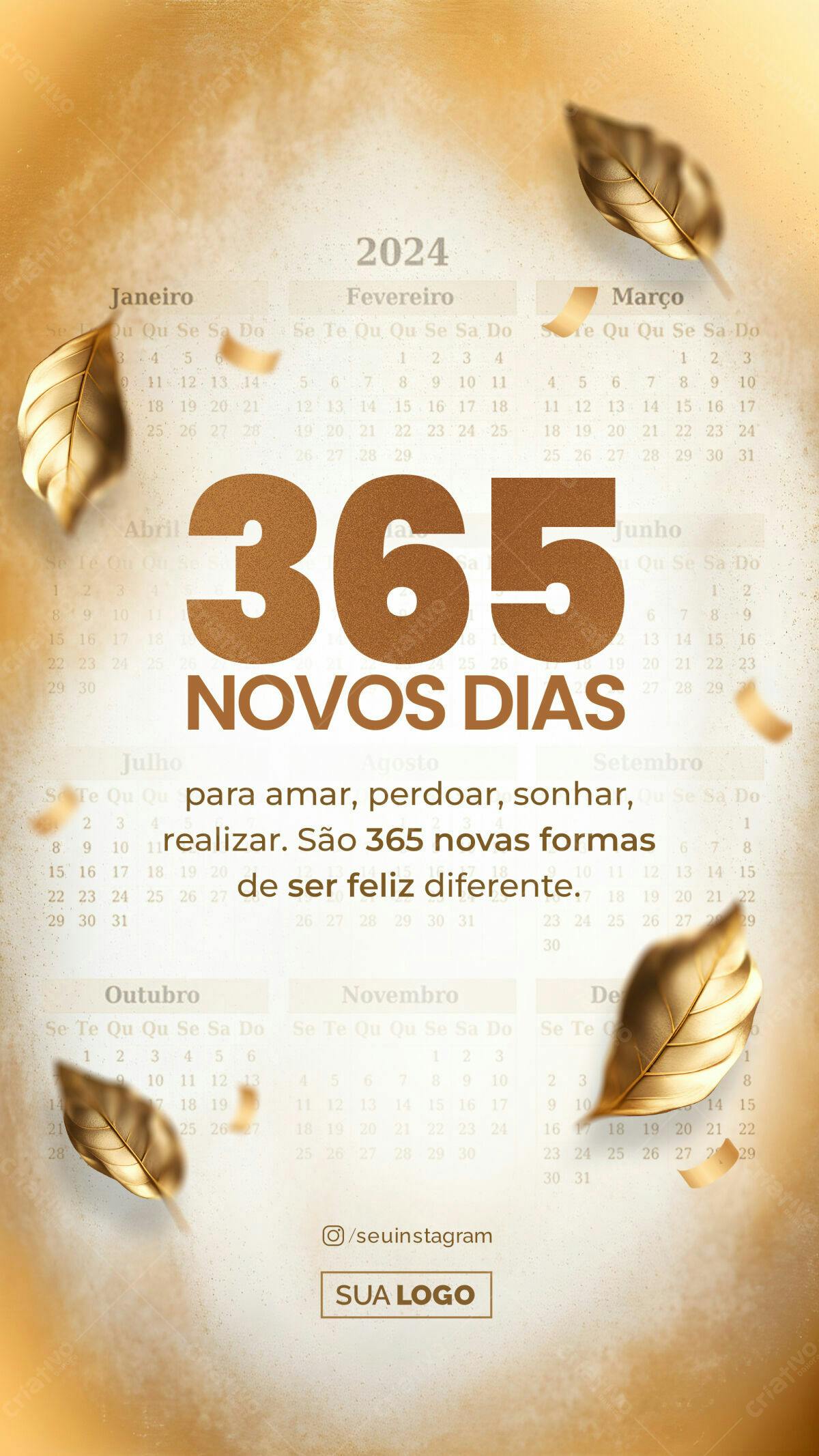 Calendário 2024 Folhas Douradas PSD Editável