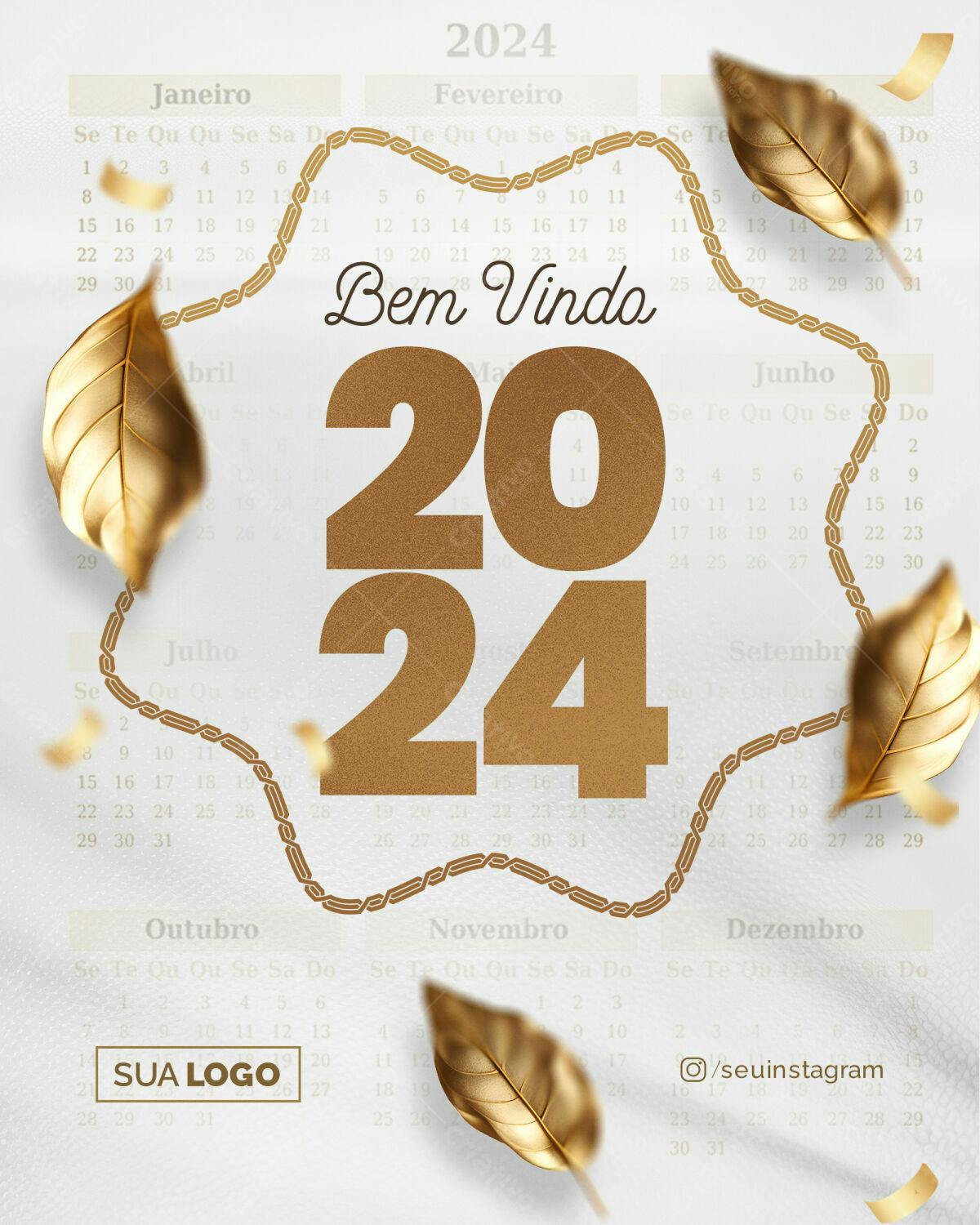Calendário 2024 com Folhas Douradas PSD Editável
