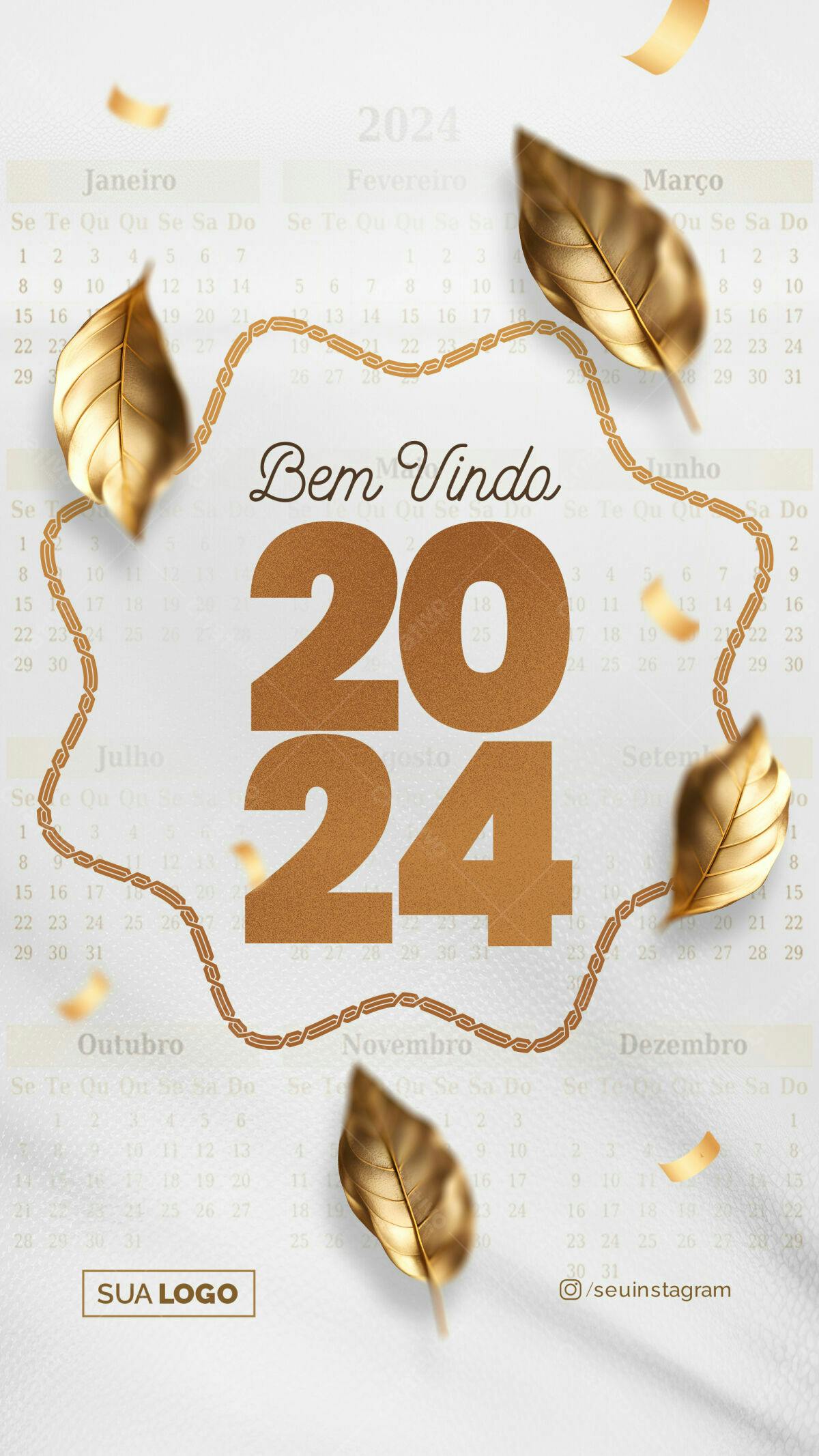 Calendário 2024 com Folhas Douradas PSD Editável