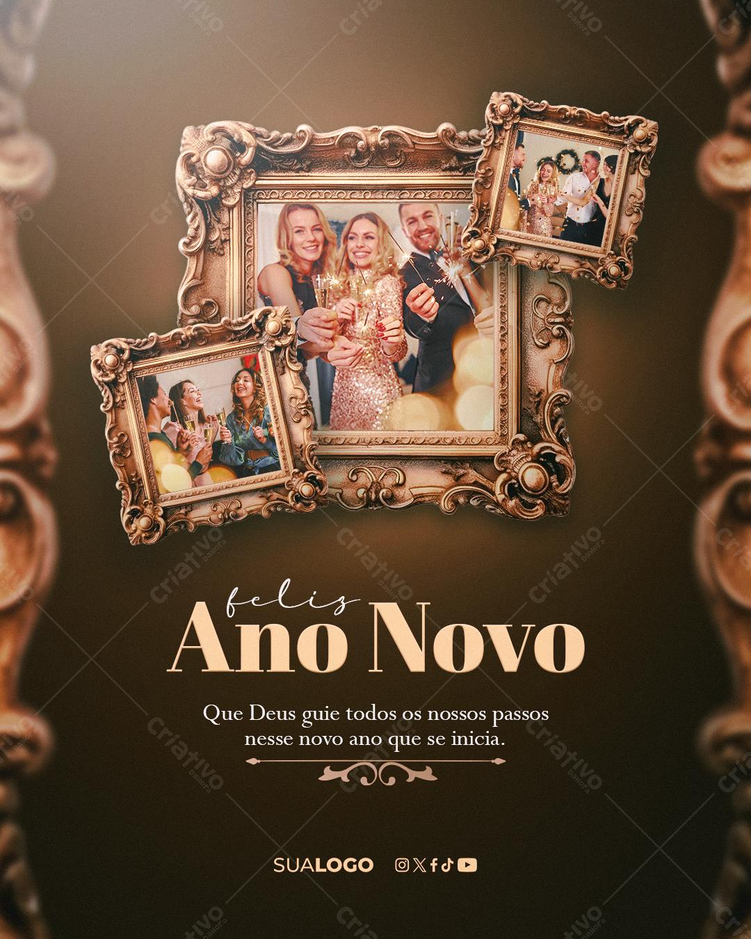 Convite Ano Novo Moldura Dourada PSD Editável