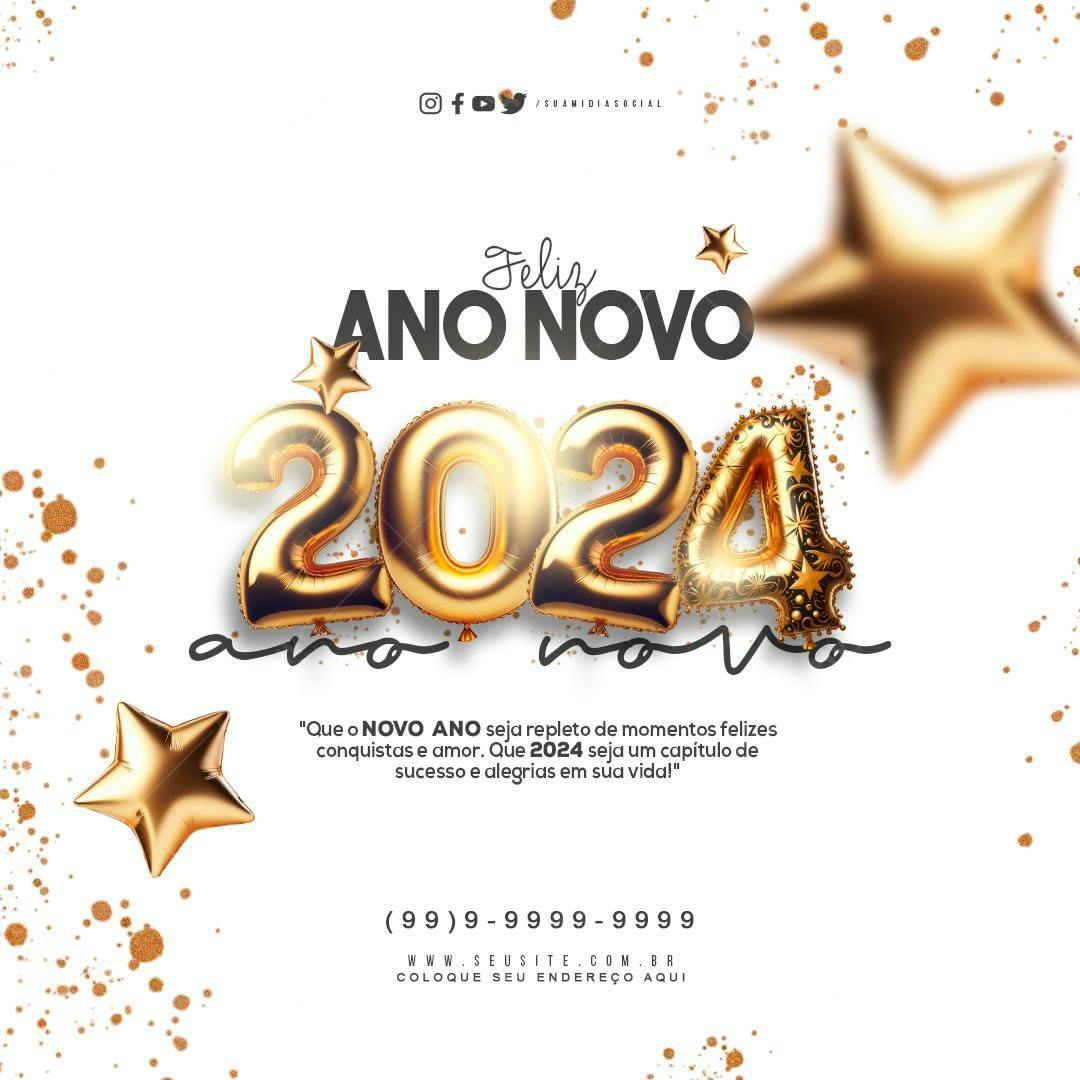 Flyer Ano Novo 2024 Balões Dourados PSD Editável