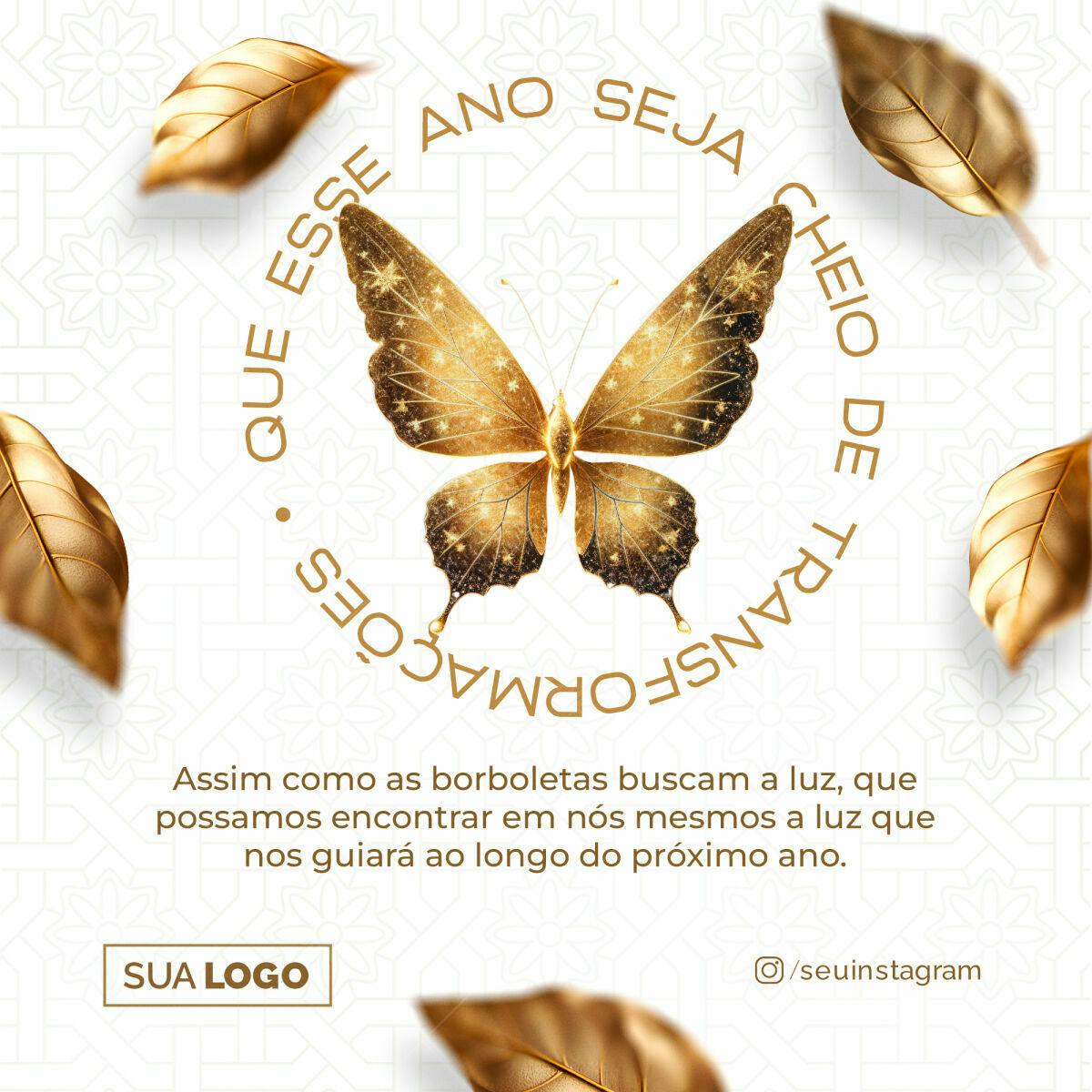 Post Instagram Ano Novo Borboleta Dourada PSD Editável