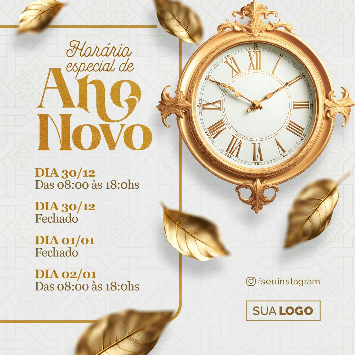 Flyer de Ano Novo com Relógio Dourado PSD Editável