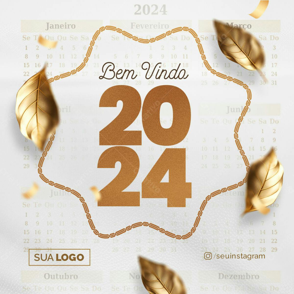 Calendário 2024 com Folhas Douradas PSD Editável