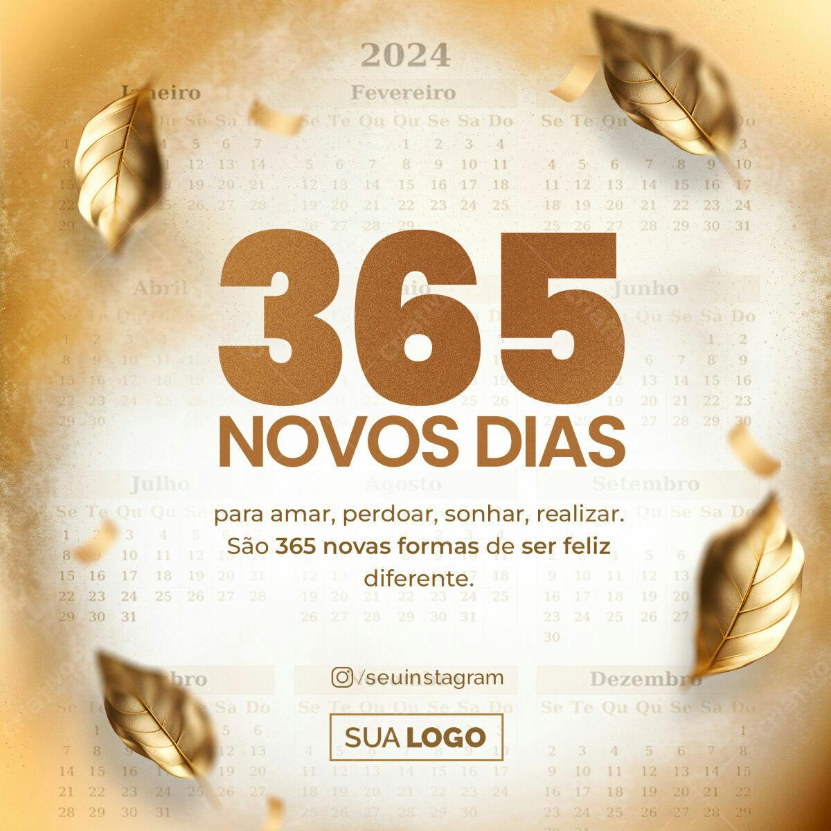 Calendário 2024 com Folhas Douradas PSD Editável