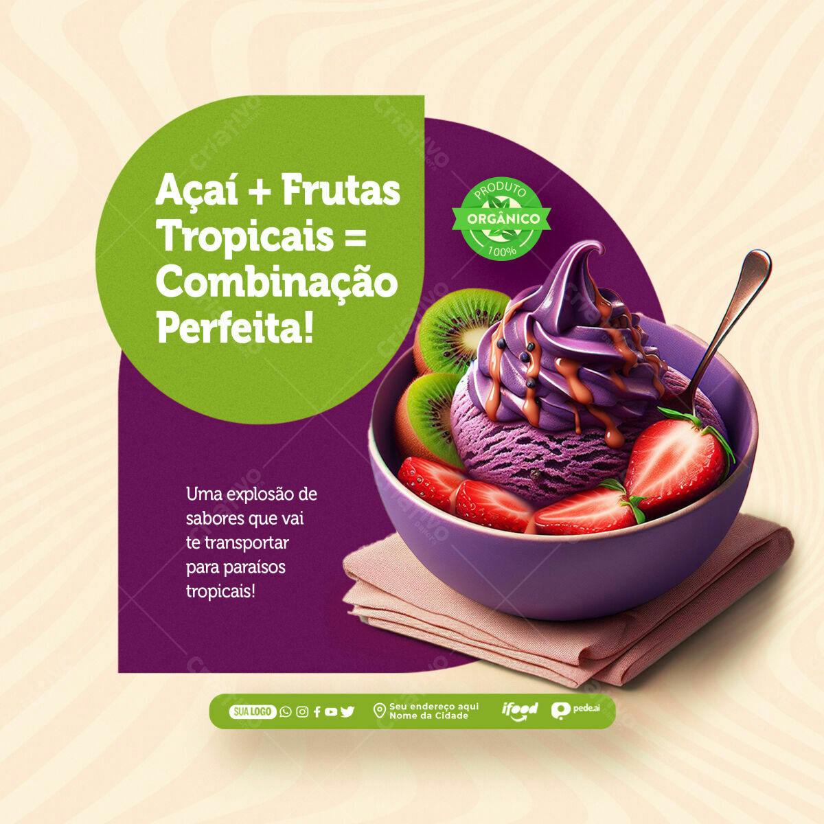 Postagem para Redes Sociais Açaí e Frutas Tropicais PSD Editável