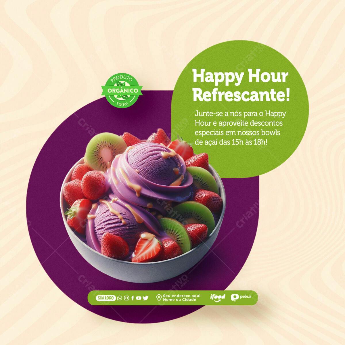 Flyer Happy Hour Refrescante Açaí PSD Editável