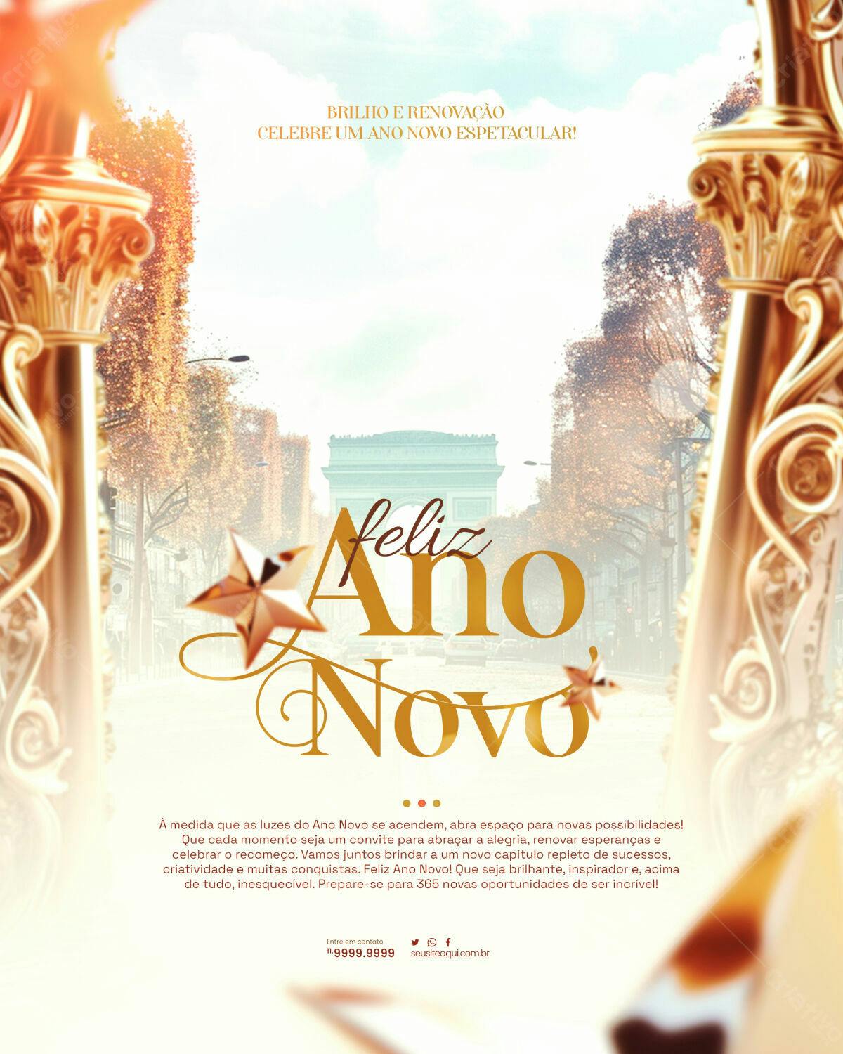 Flyer Feliz Ano Novo com Arco do Triunfo PSD Editável