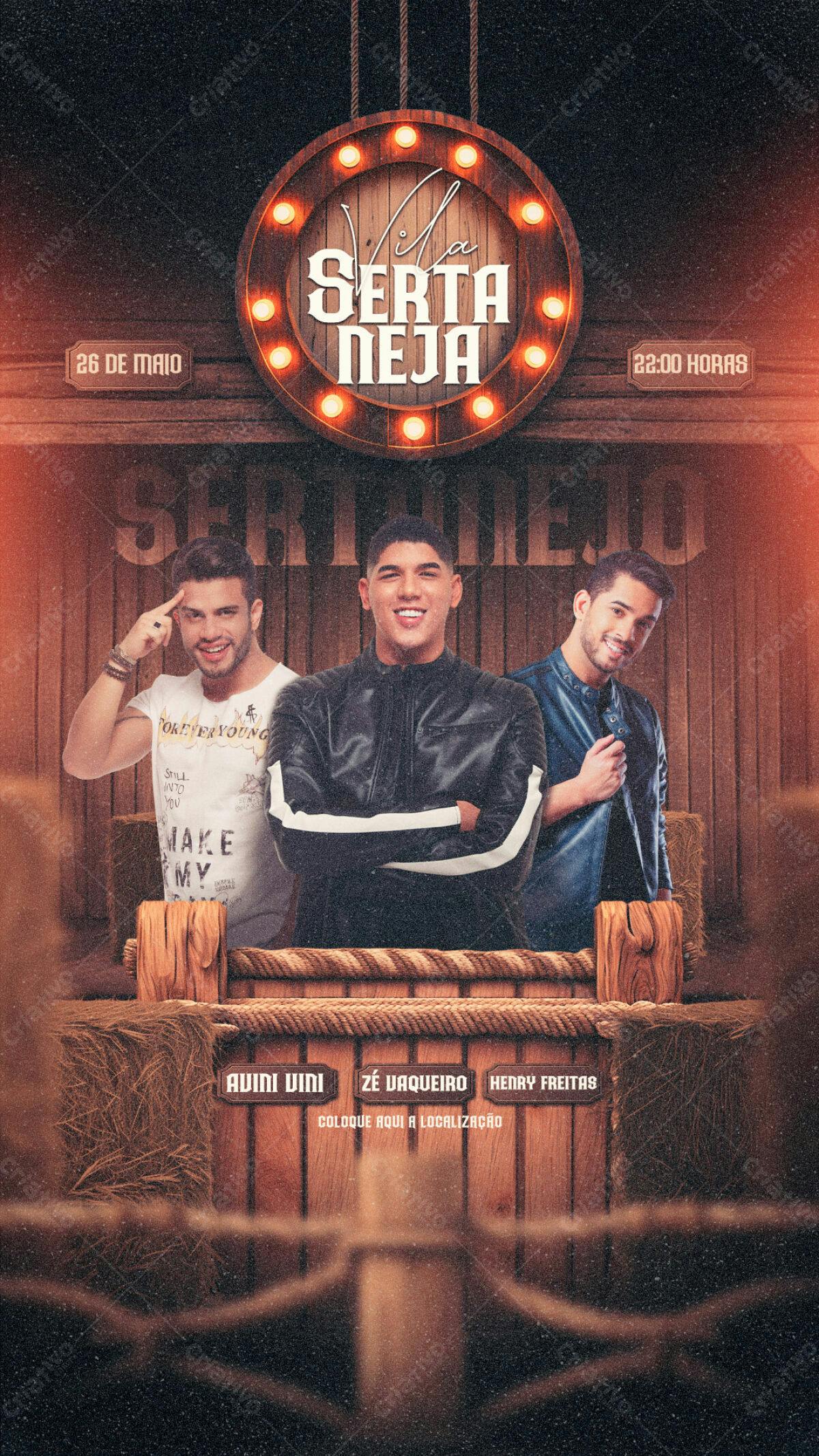 Flyer Festa Sertaneja com Avinni, Zé Vaqueiro e Henry Freitas PSD Editável