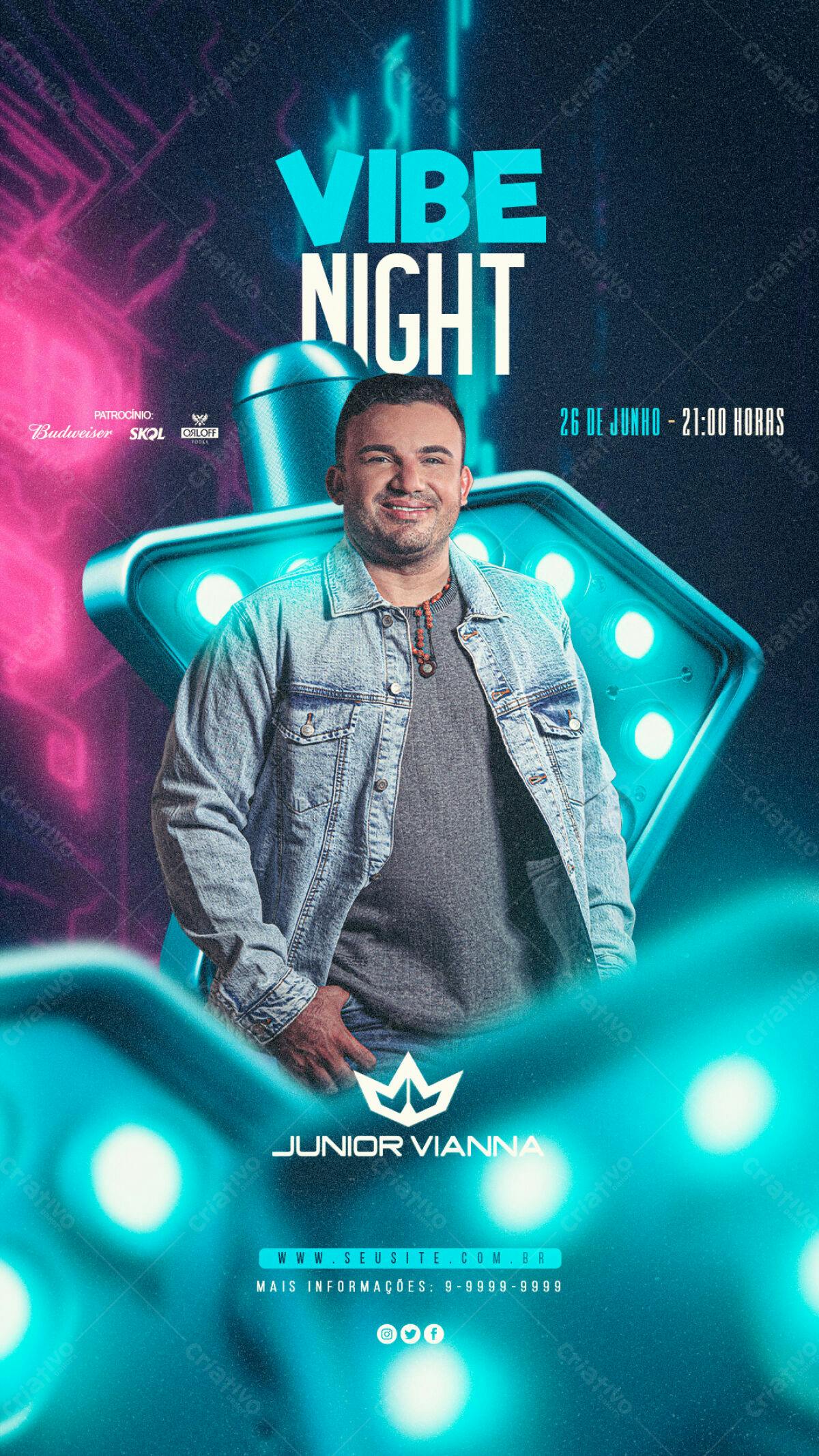 Flyer para Festa Vibe Night com Junior Vianna PSD Editável