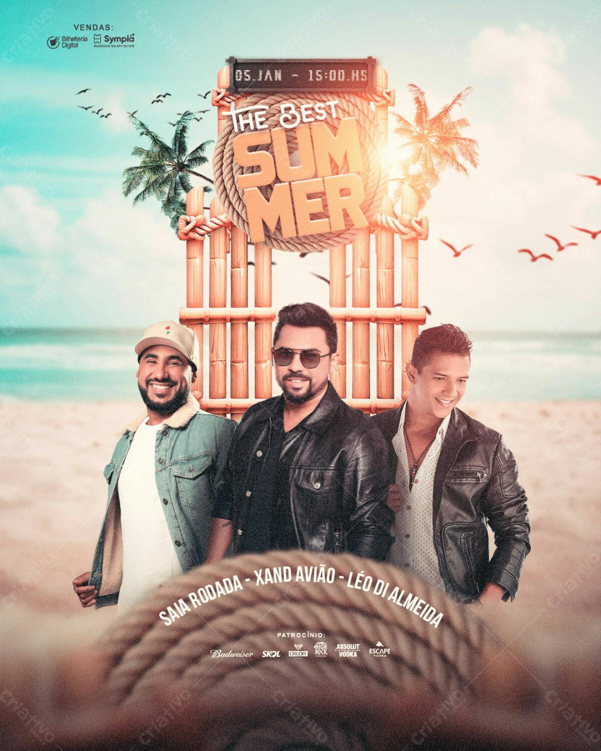 Flyer Festa de Verão com Saia Rodada, Xand Avião e Léo Di Almeida PSD Editável