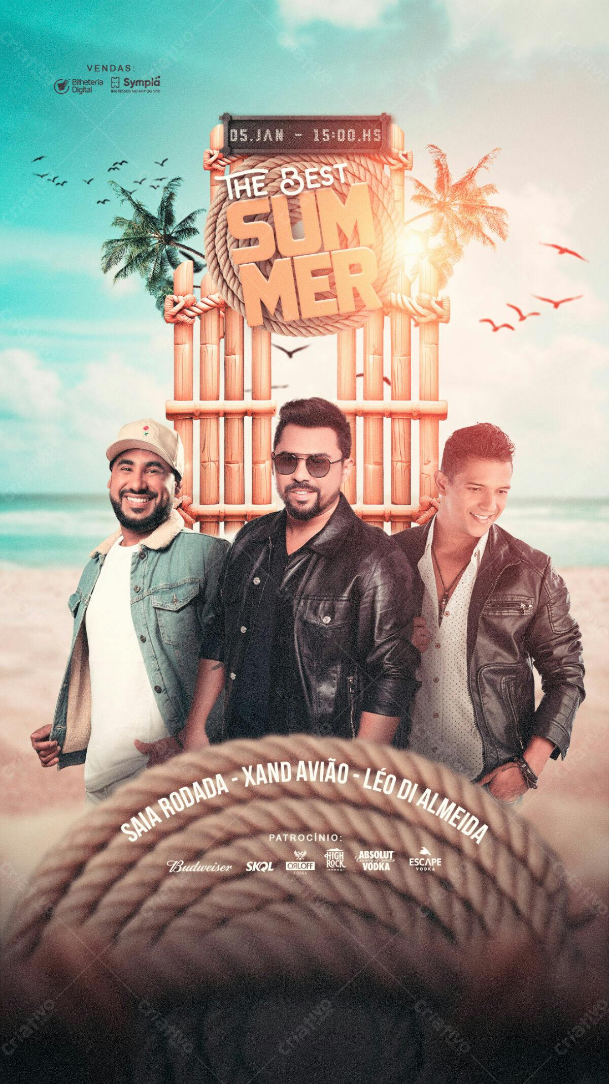 Flyer Festa de Verão com Saia Rodada, Xand Avião e Léo Di Almeida PSD Editável