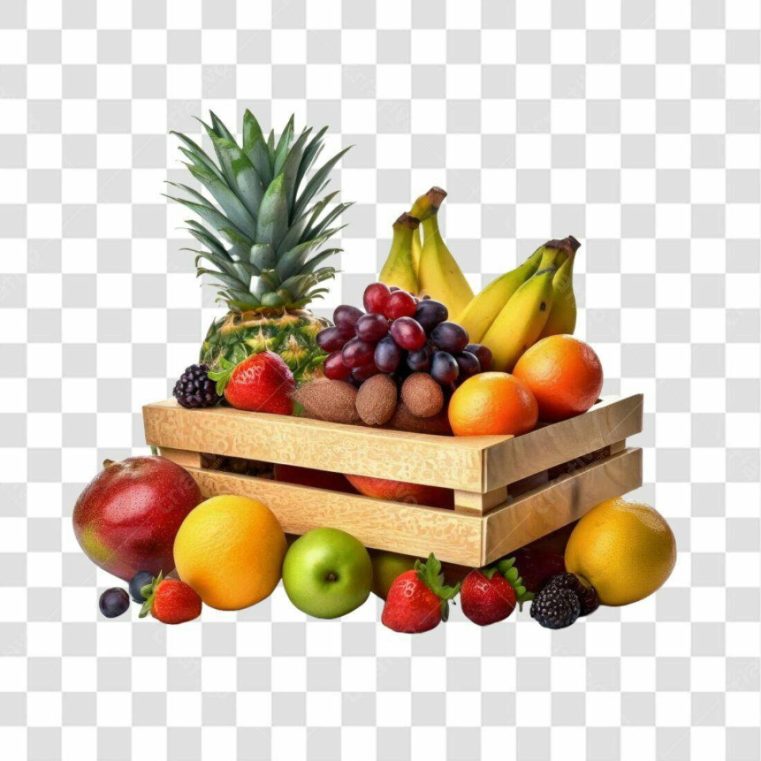 Imagem PNG Frutas variadas em caixa de madeira com fundo transparente