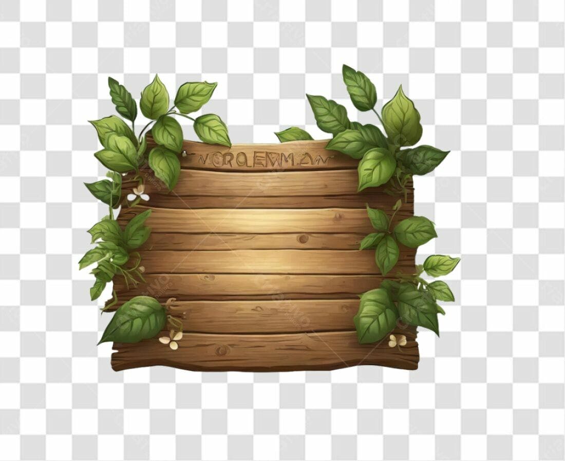 Placa de Madeira com Folhas PNG com fundo transparente