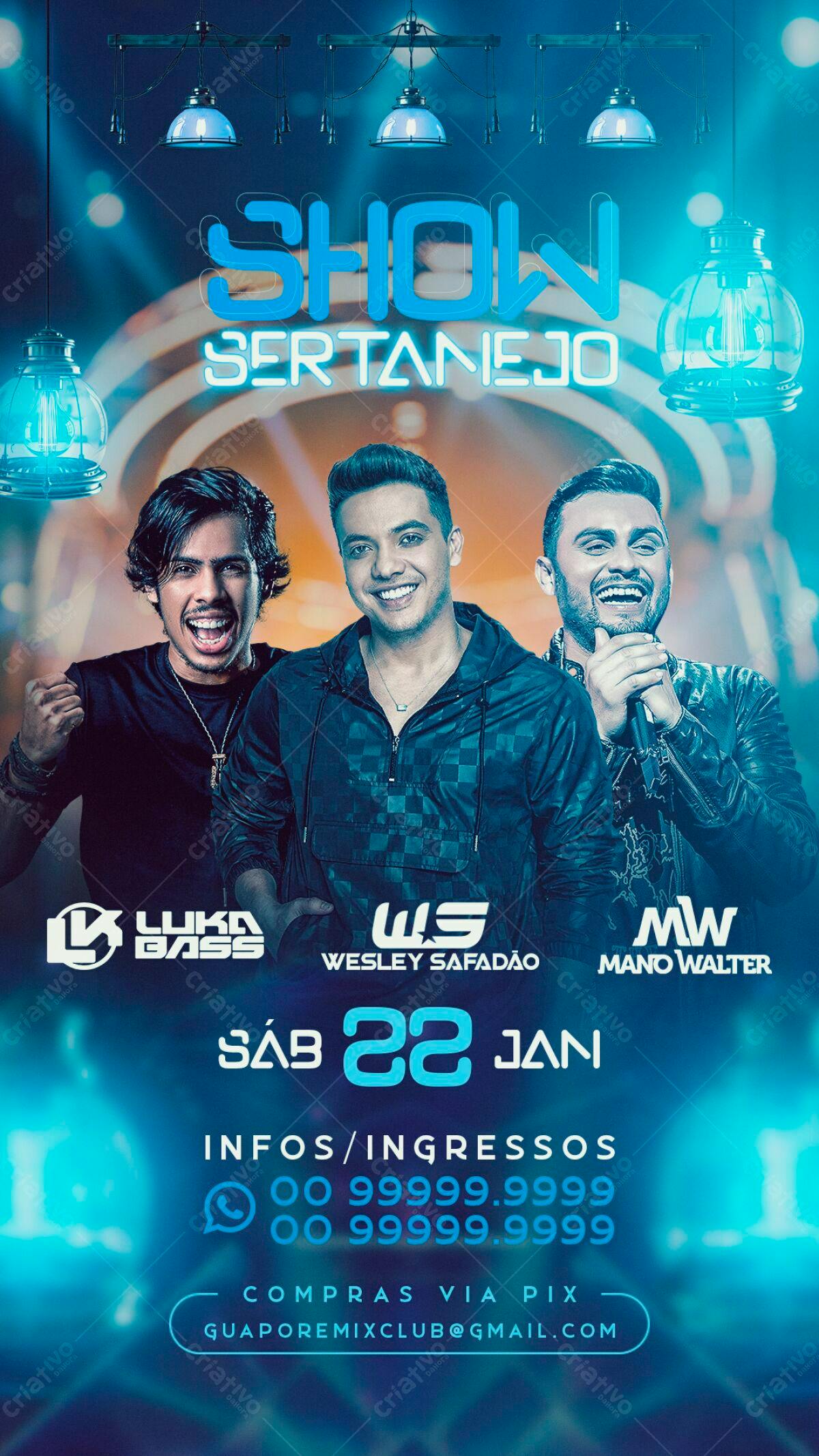 Flyer Show Sertanejo com Wesley Safadão, Mano Walter e Luka Bass PSD Editável