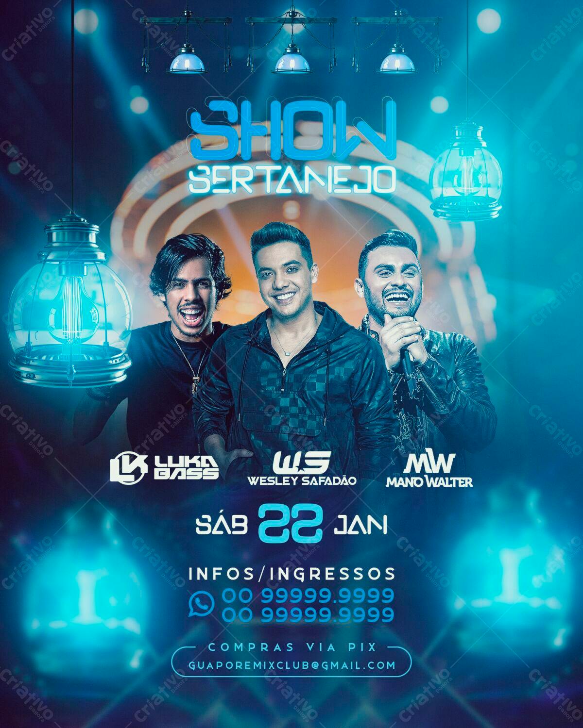 Flyer Show Sertanejo com Wesley Safadão, Luka Bass e Mano Walter PSD Editável