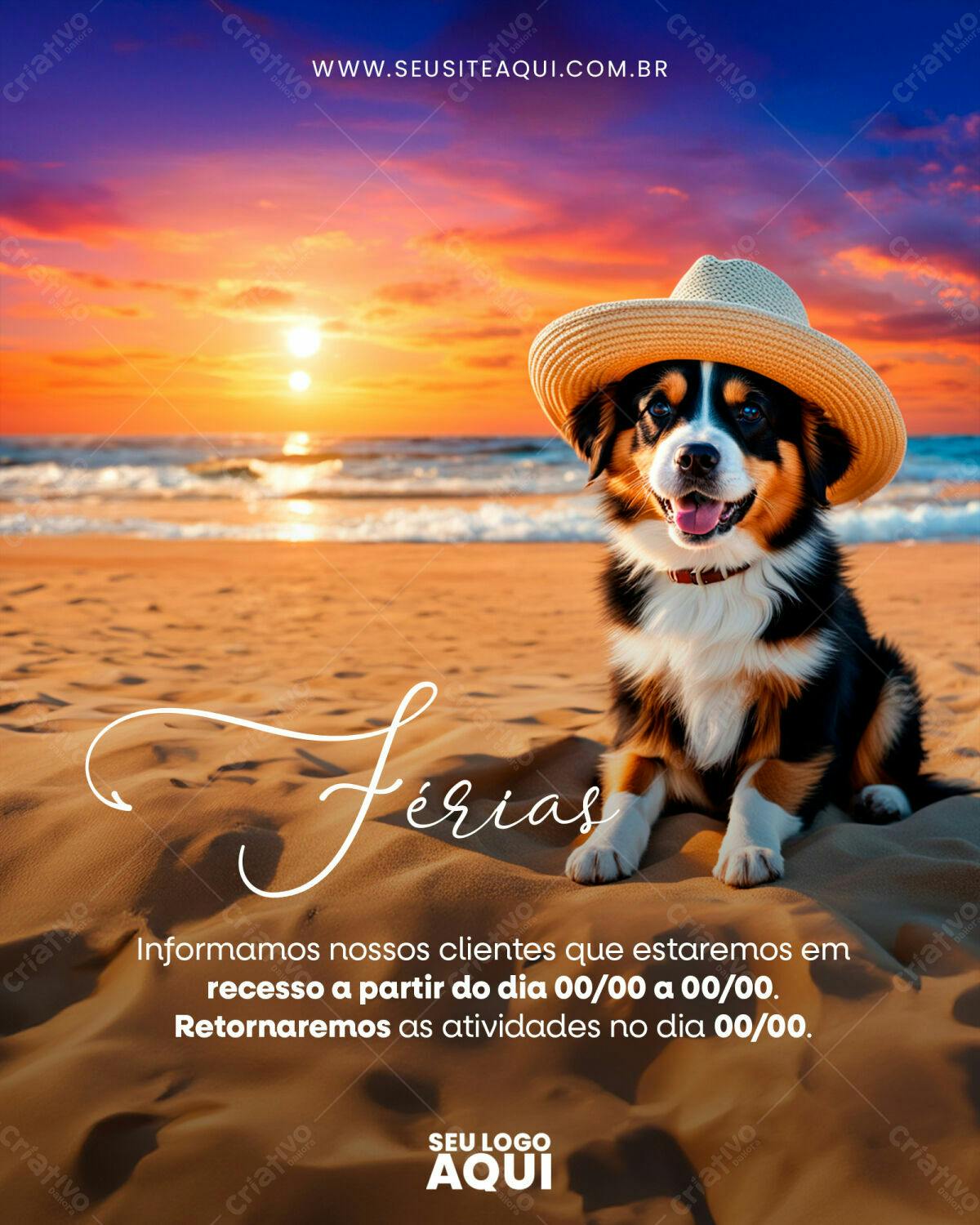 Flyer de Férias com Cachorro na Praia PSD Editável