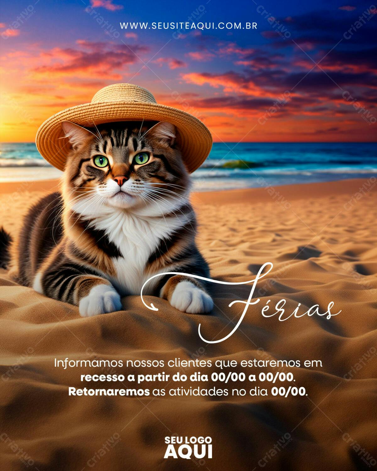 PSD para Anúncio de Férias com Gato na Praia PSD Editável