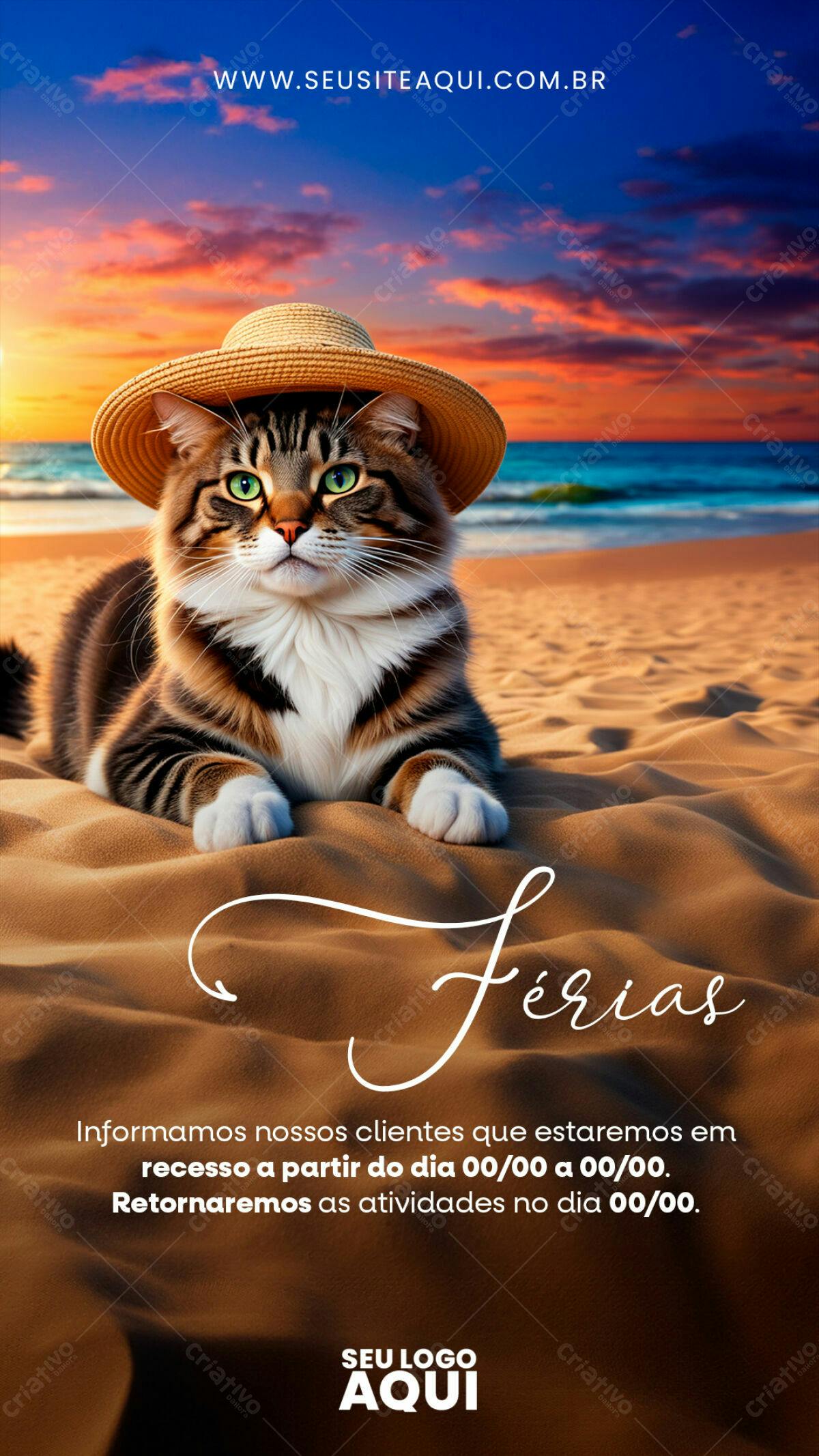 Flyer de Férias com Gato na Praia PSD Editável