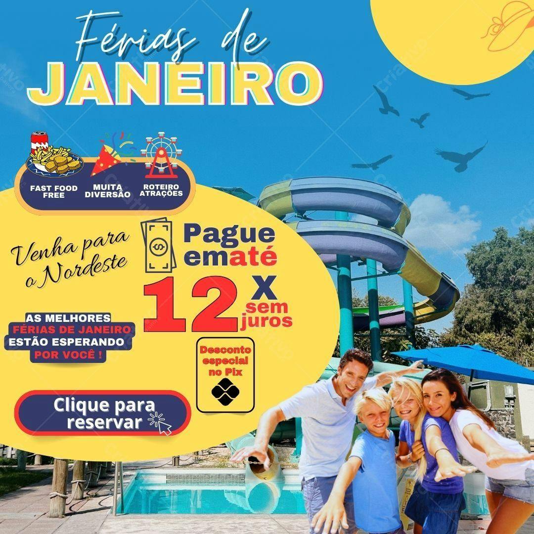 Flyer Férias de Janeiro no Nordeste Editável no Canva
