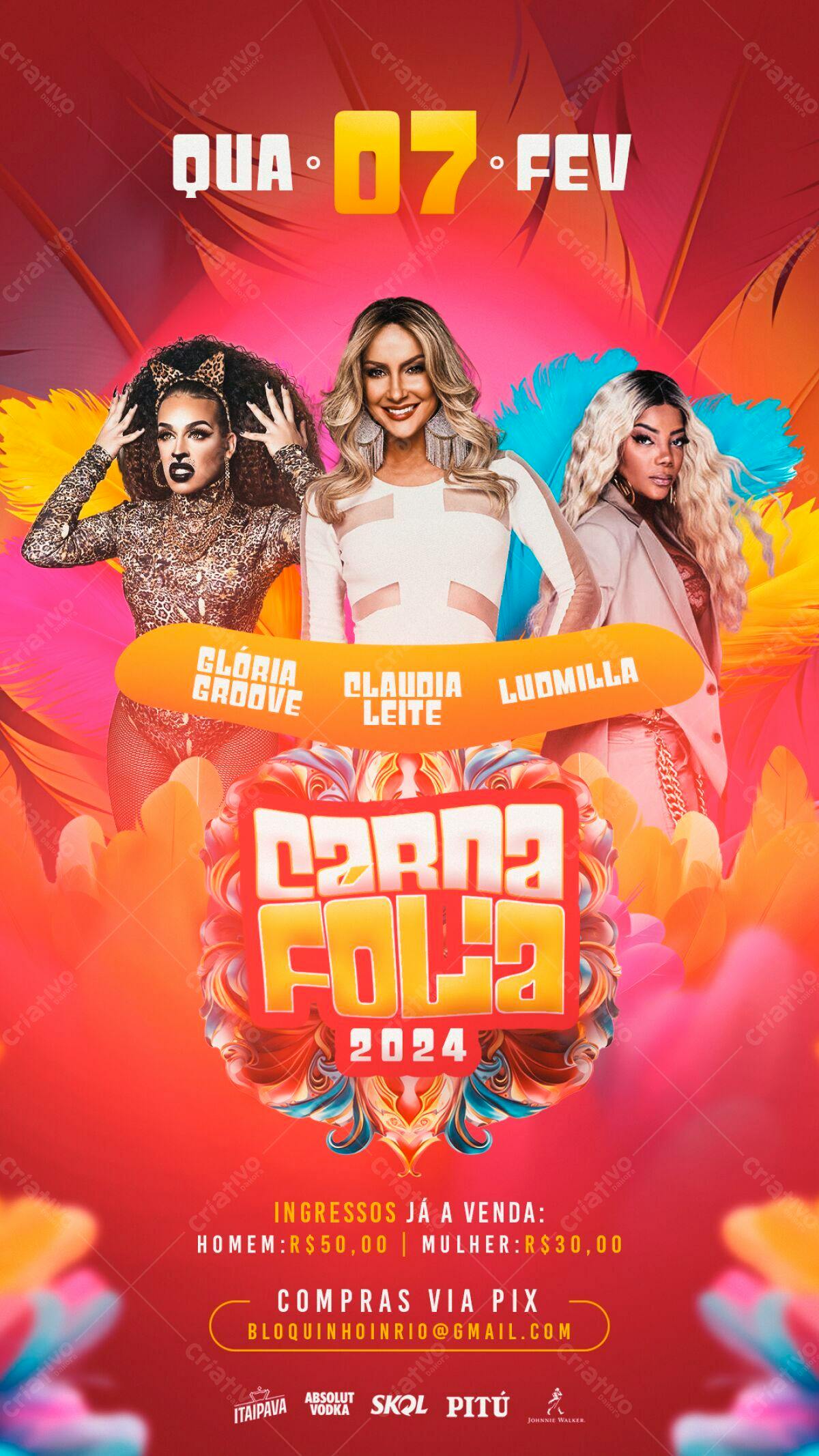 Flyer Carnaval 2024 com Gloria Groove, Claudia Leite e Ludmilla PSD Editável