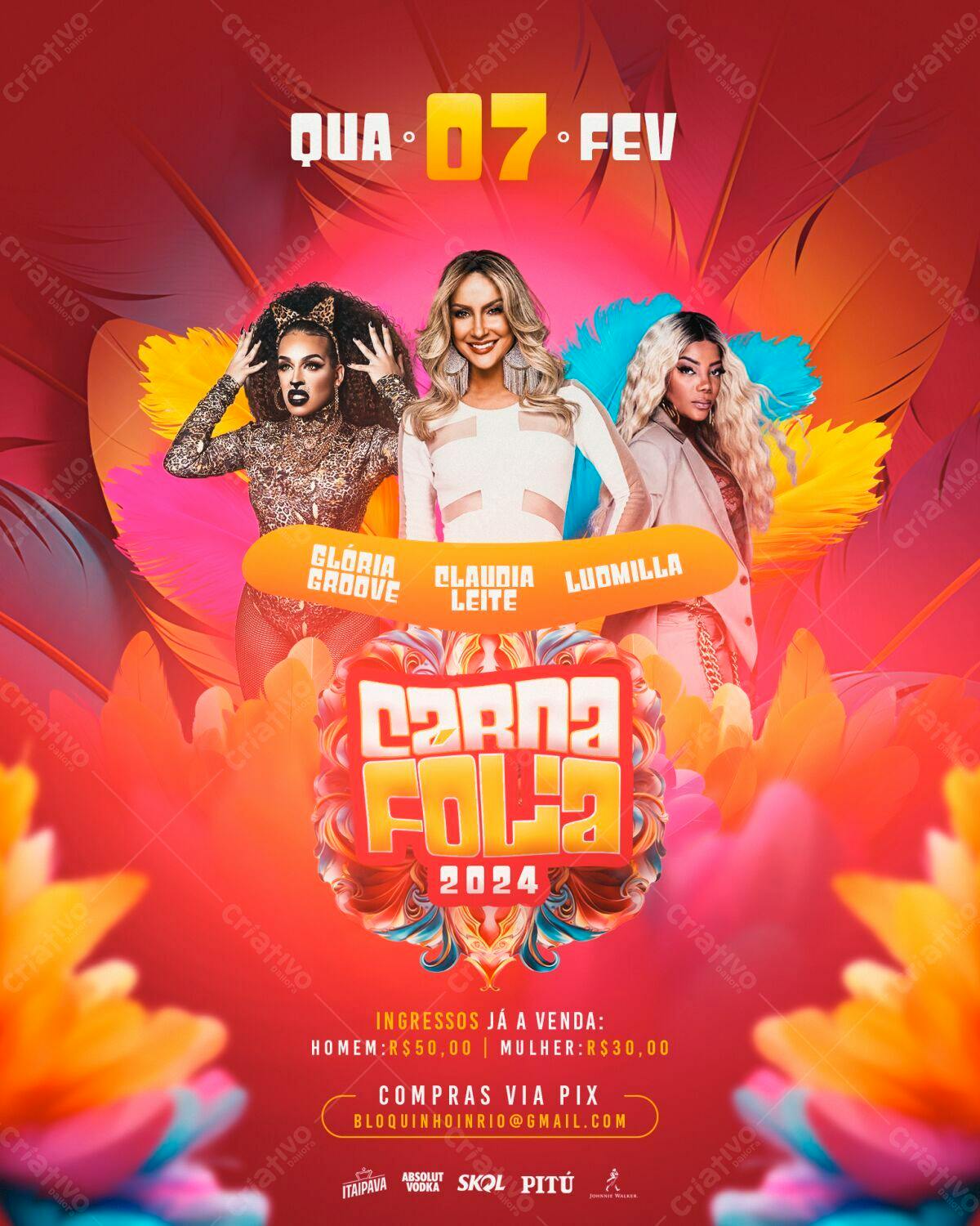 Flyer Carnaval 2024 com Glória Groove, Claudia Leite e Ludmilla PSD Editável