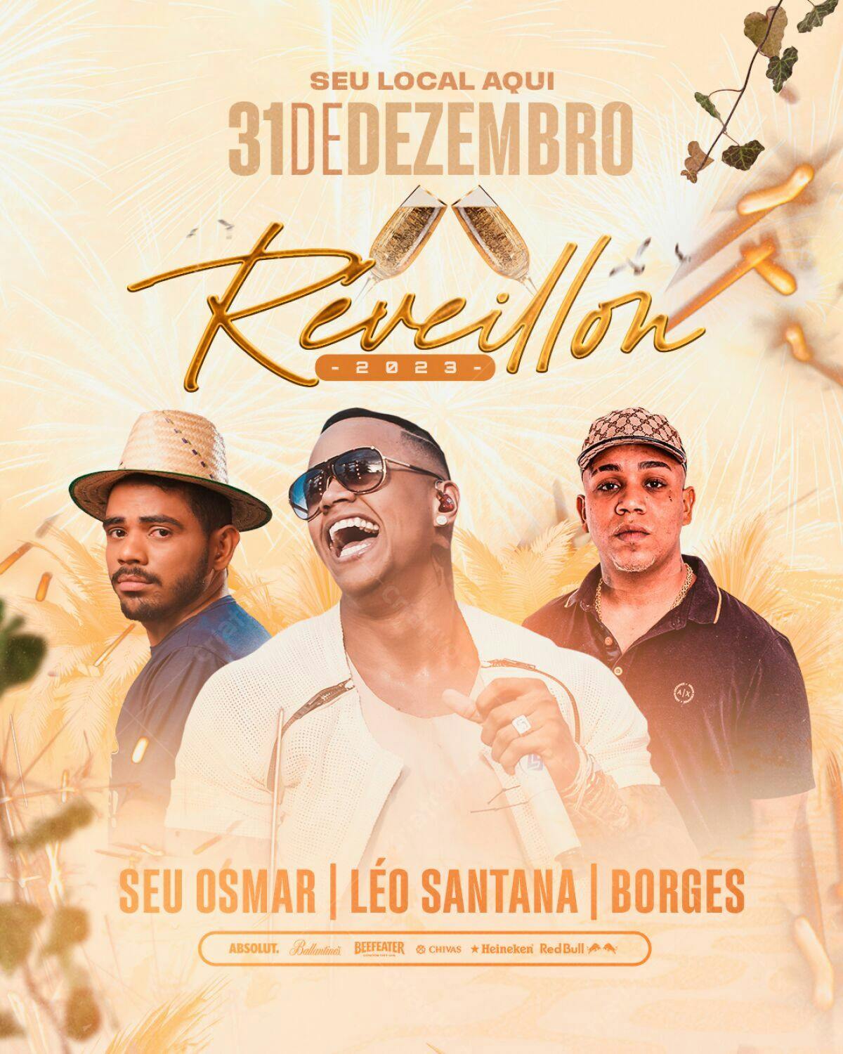 Flyer Réveillon 2024 com Seu Osmar, Léo Santana e Borges PSD Editável