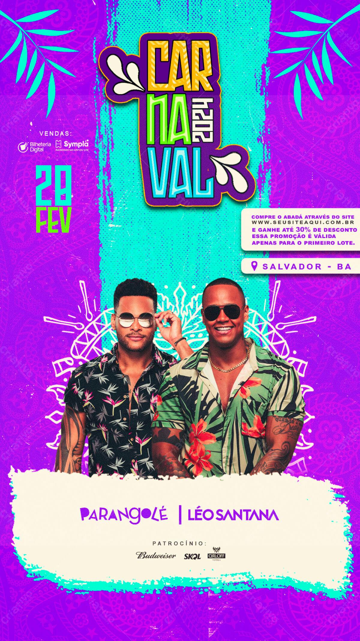 Flyer Carnaval 2024 Salvador - Parangolé e Léo Santana PSD Editável