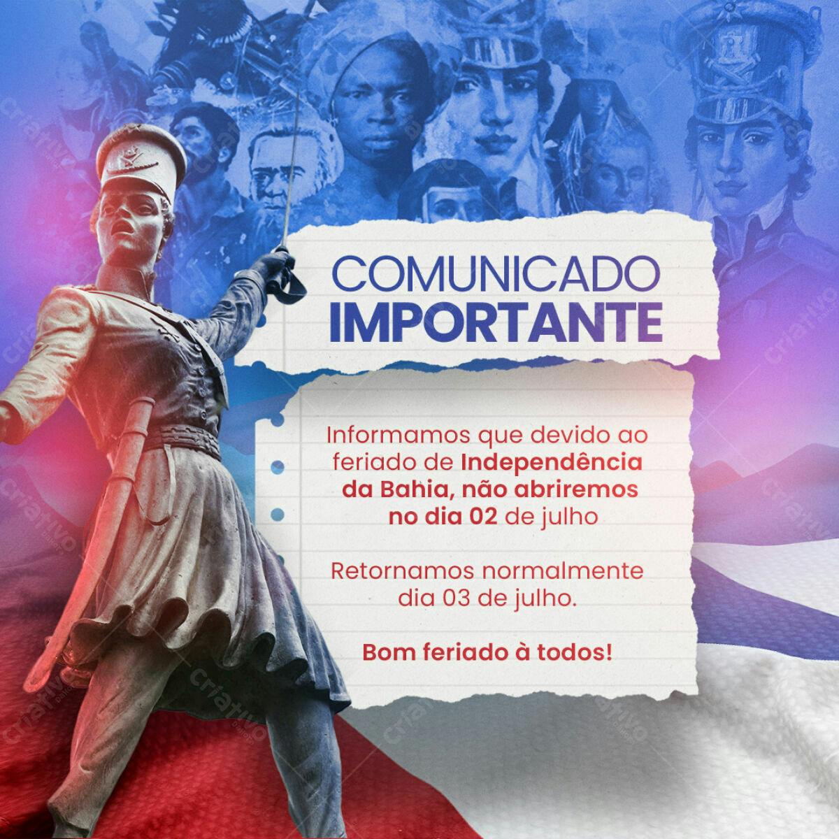 Comunicado Feriado Independência da Bahia PSD Editável