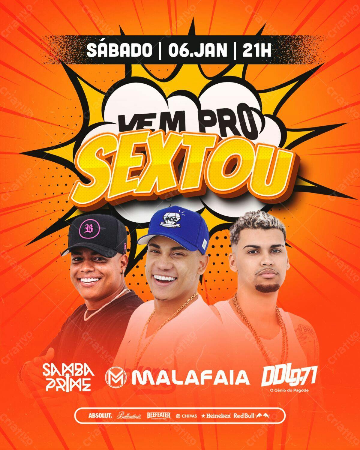 Flyer para Festa Sextou com Samba Prime, Malafaia e DD971 PSD Editável