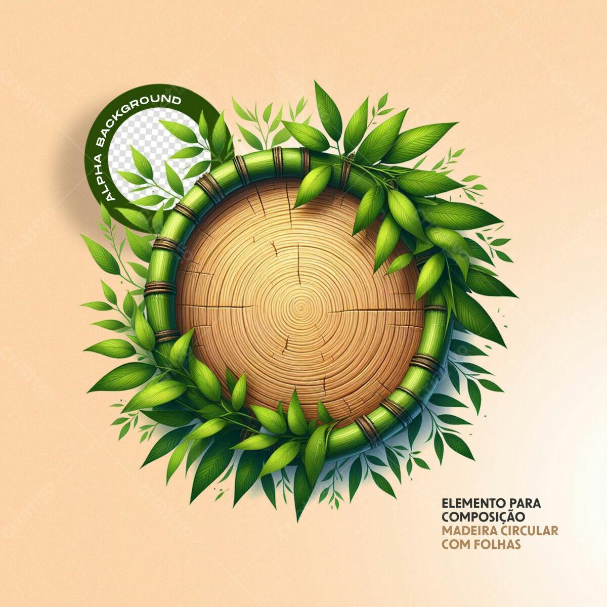 Elemento Circular Madeira e Folhas PSD Editável