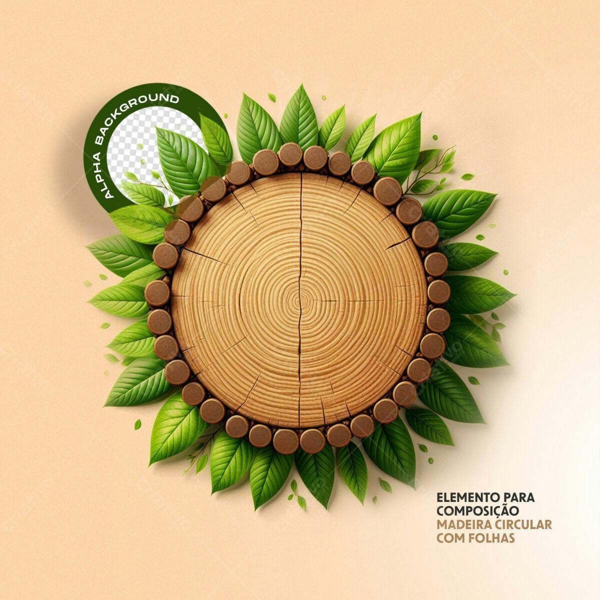 Composição Circular Madeira e Folhas PSD Editável