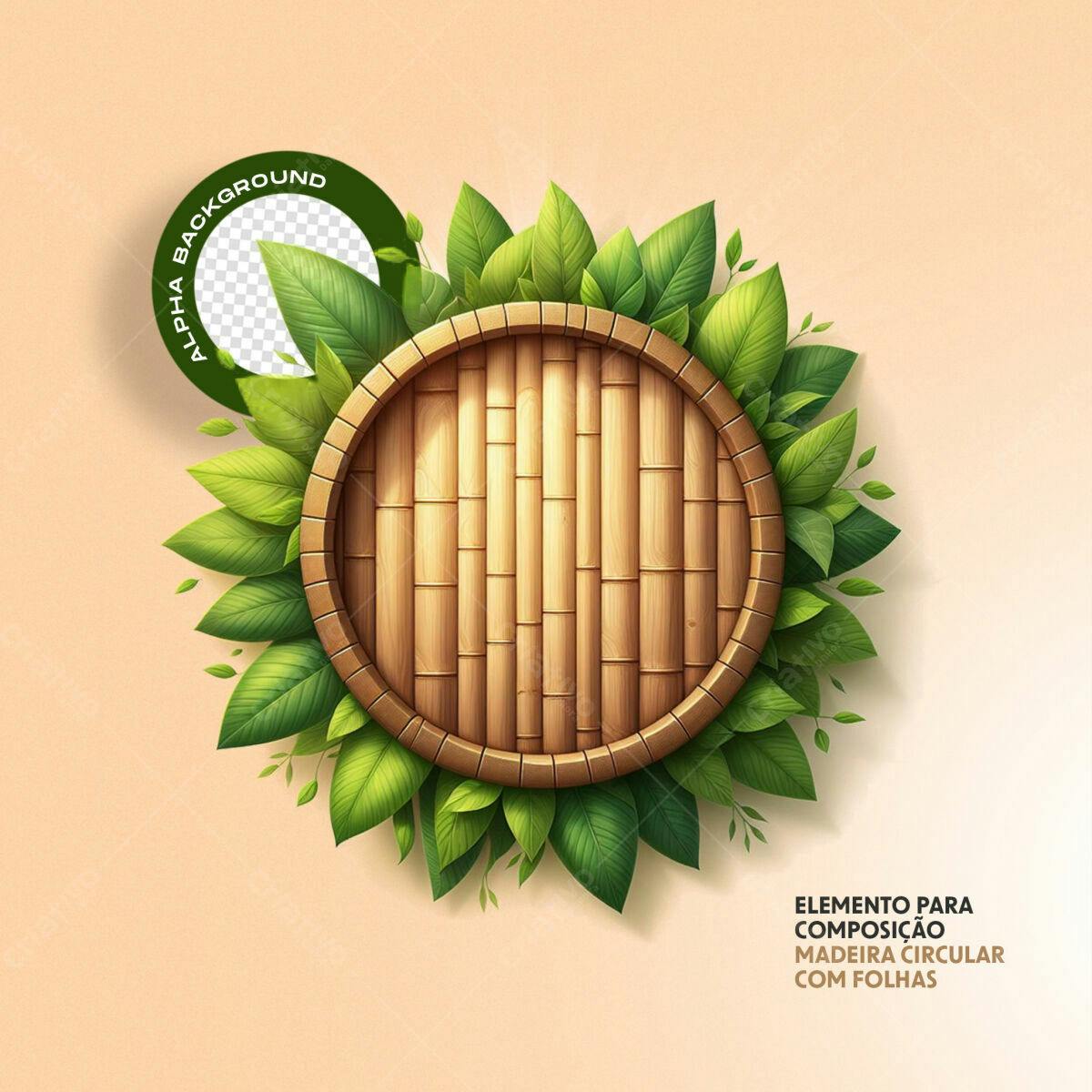 Elemento Circular Madeira e Folhas PSD Editável