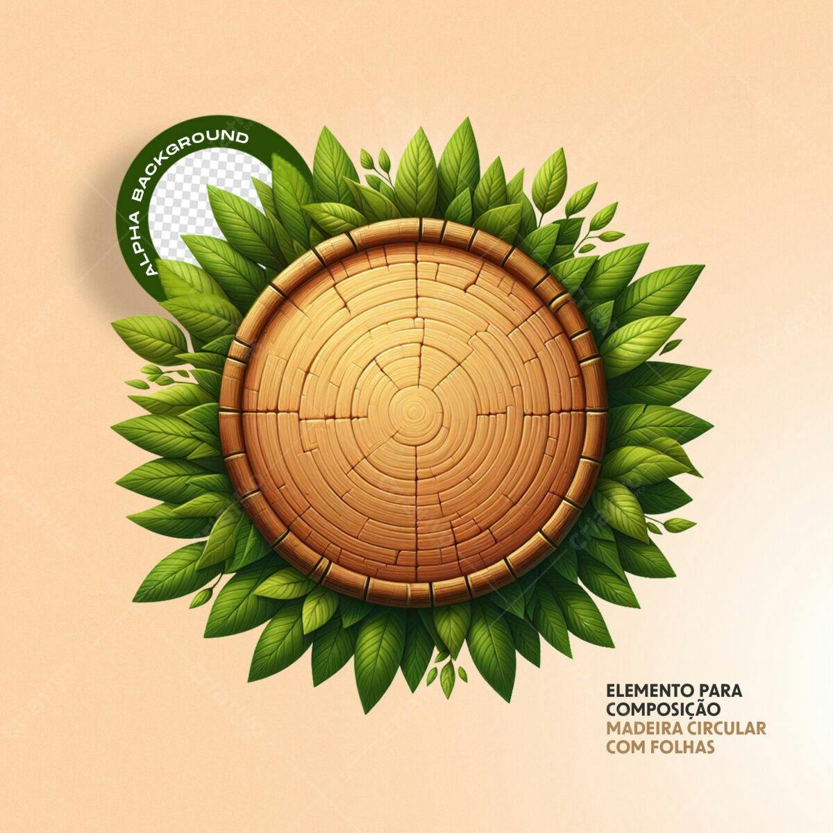 Elemento Circular Madeira e Folhas PSD Editável