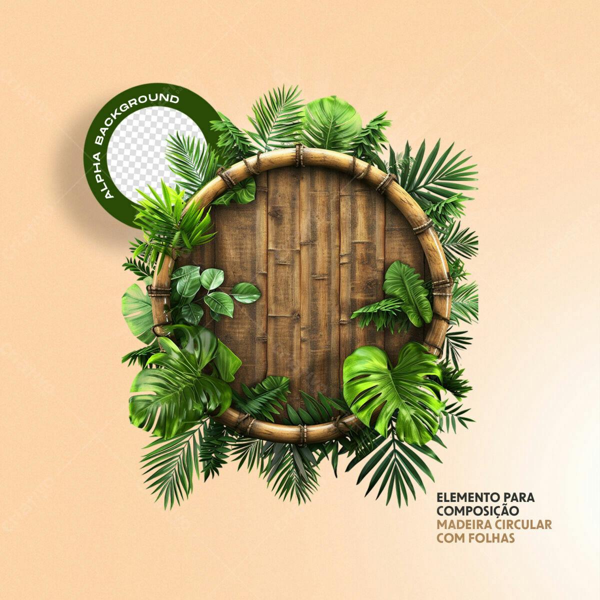 Moldura Circular de Madeira com Folhas PSD Editável