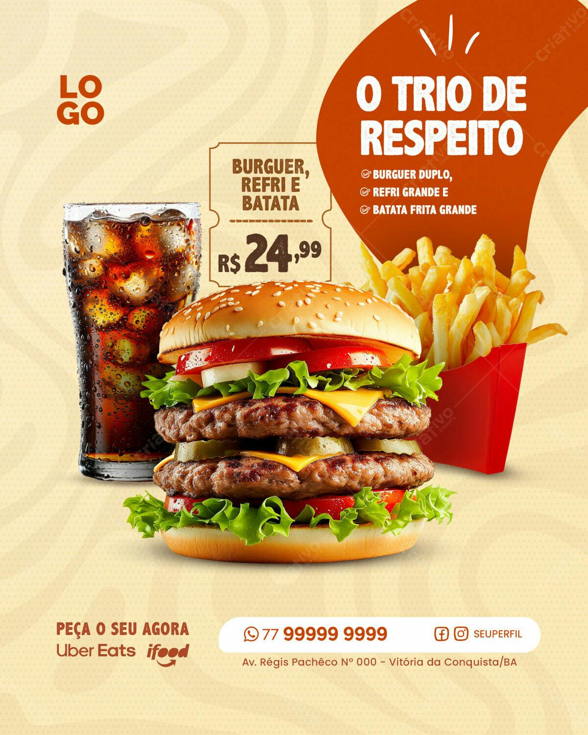 Flyer Promoção Trio de Respeito - Lanche, Refri e Batata PSD Editável