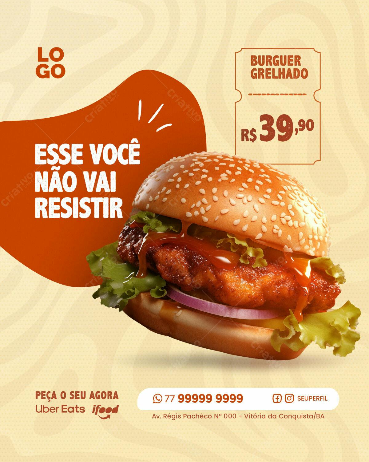 Postagem Instagram Lançamento Hambúrguer Grelhado PSD Editável