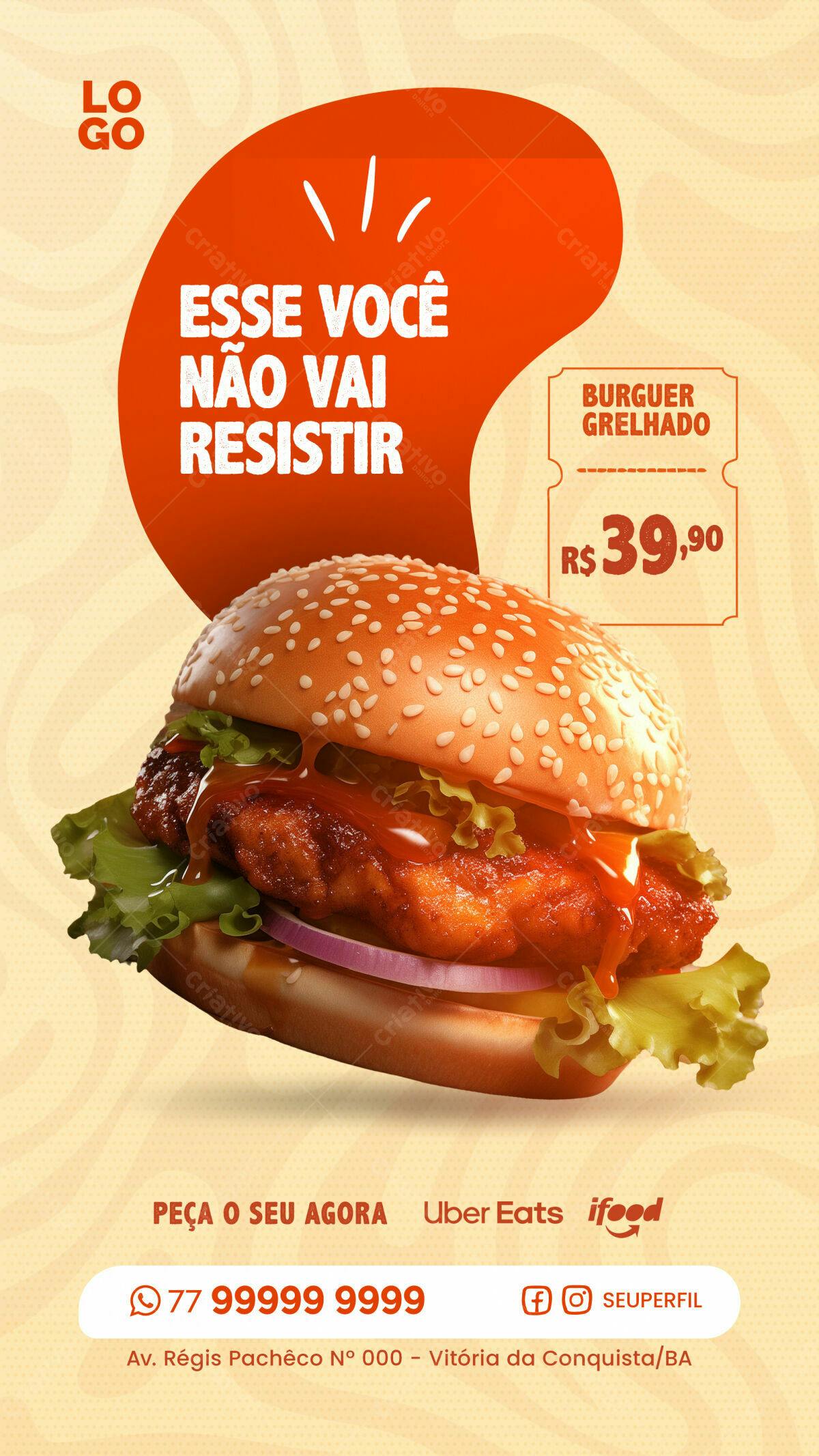 Flyer para Lançamento de Hambúrguer Grelhado PSD Editável
