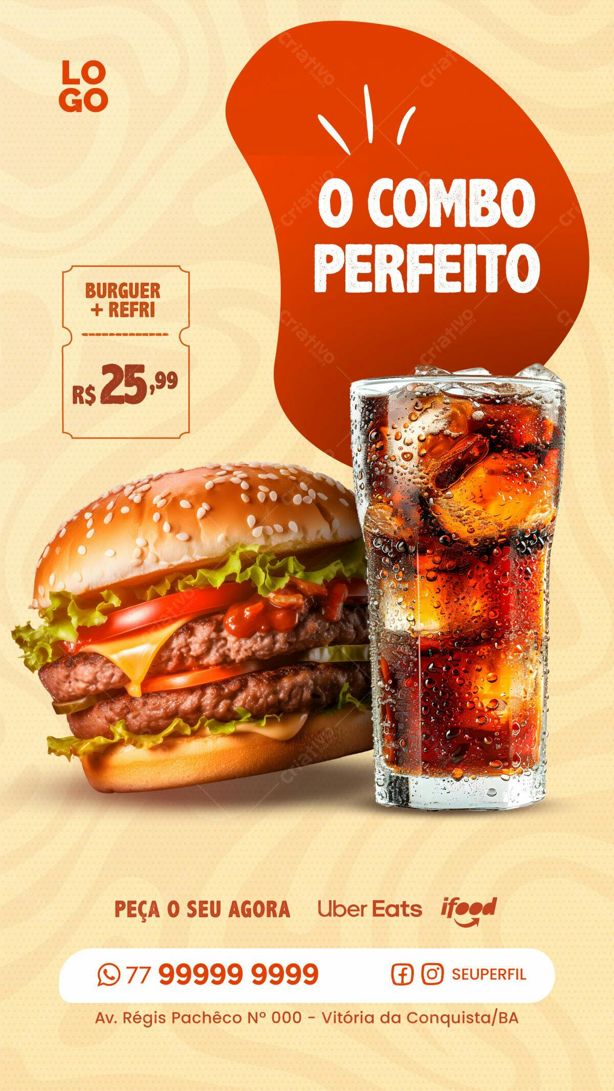 Flyer Combo Perfeito de Hambúrguer e Refrigerante PSD Editável