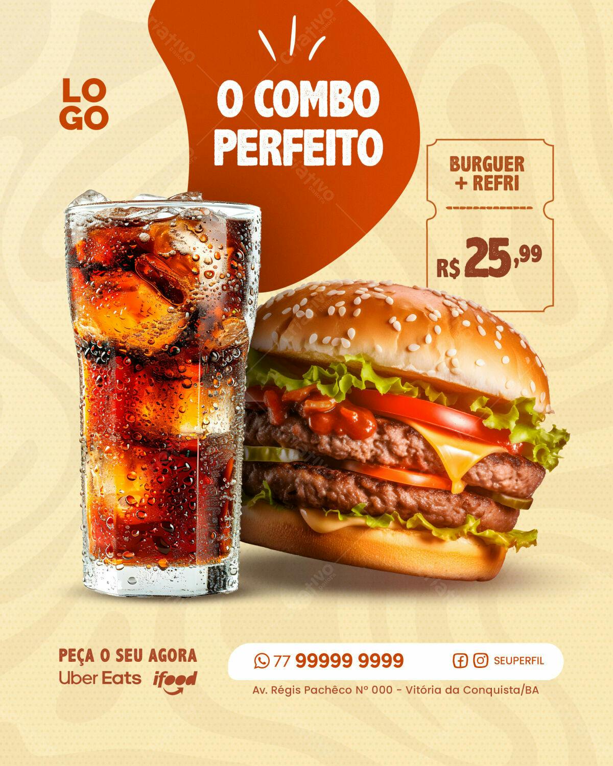 Flyer para Combo de Burger e Refrigerante PSD Editável