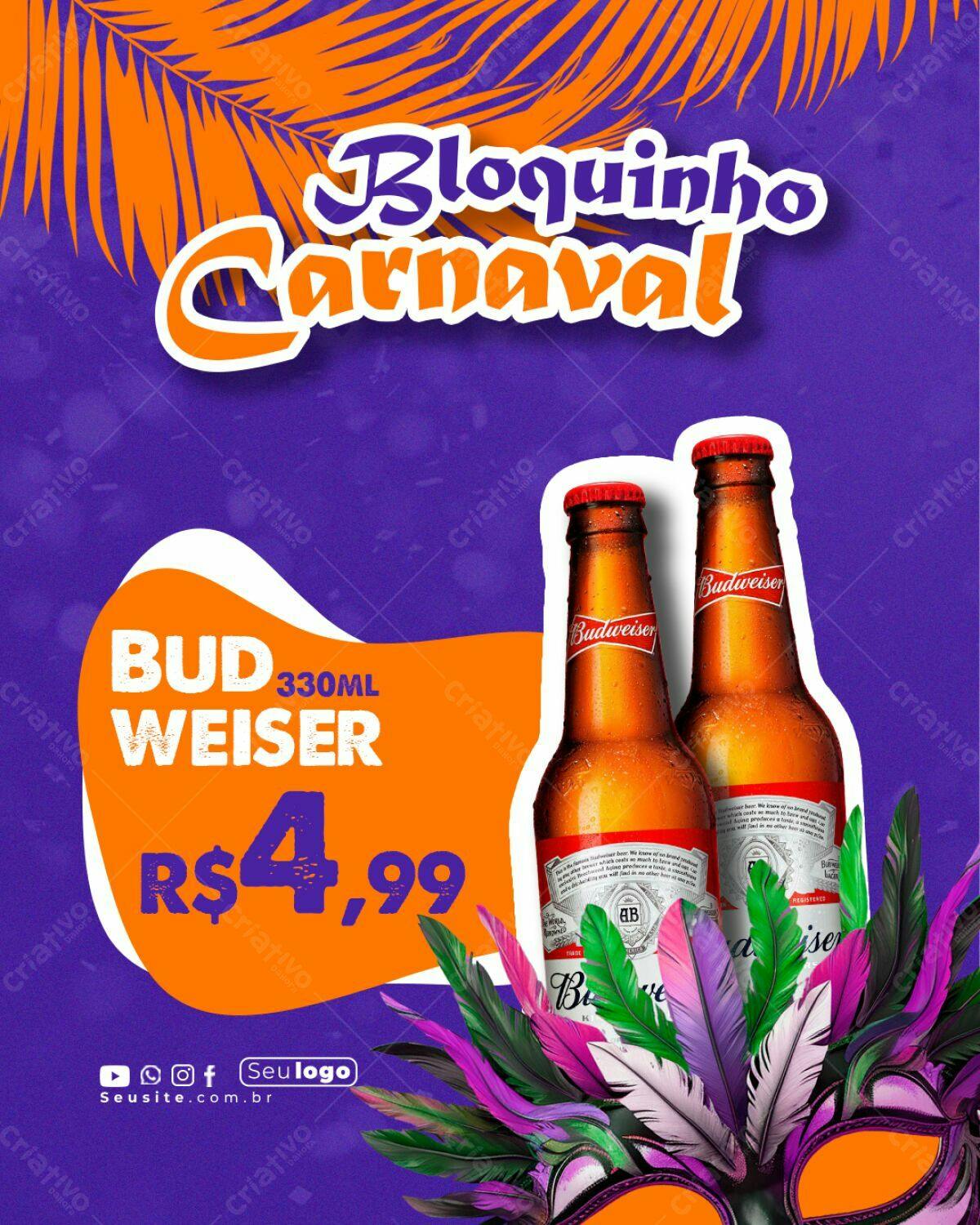 Flyer Bloquinho Carnaval com Budweiser PSD Editável
