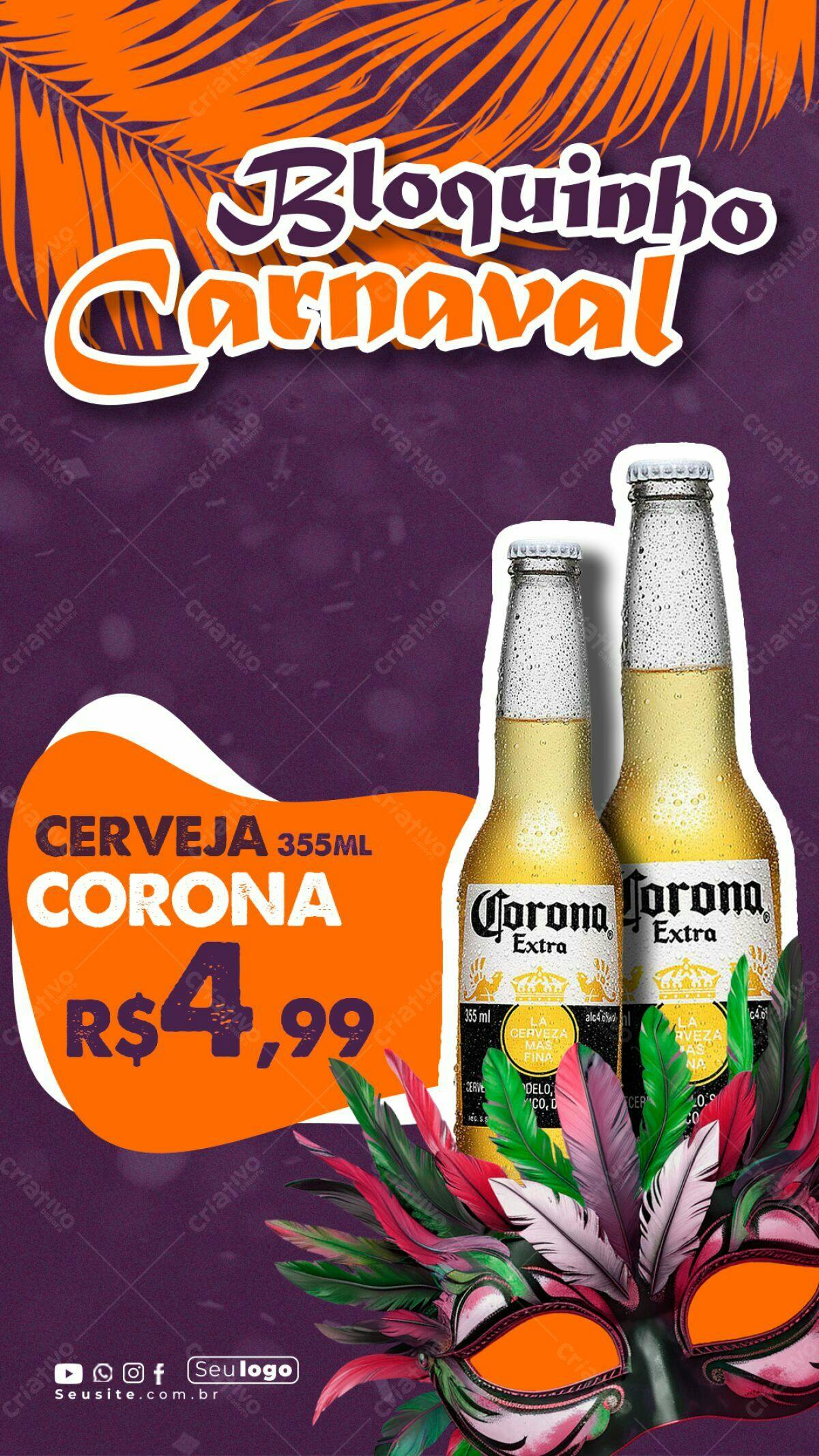Flyer Bloquinho Carnaval Cerveja Corona PSD Editável