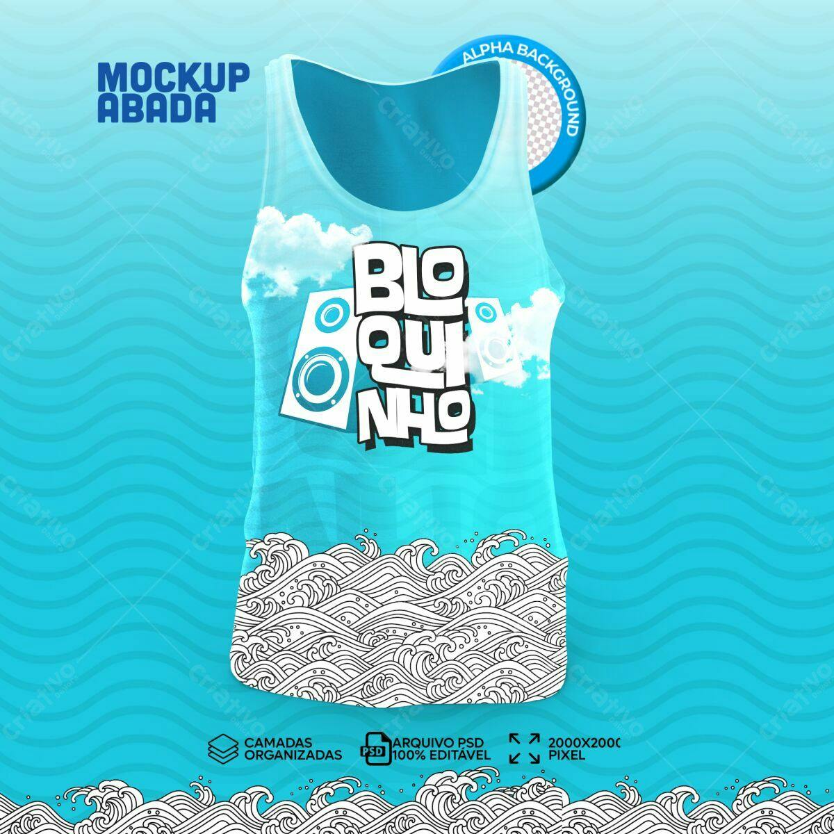 Mockup Abada Azul com Design de Ondas e Caixas de Som