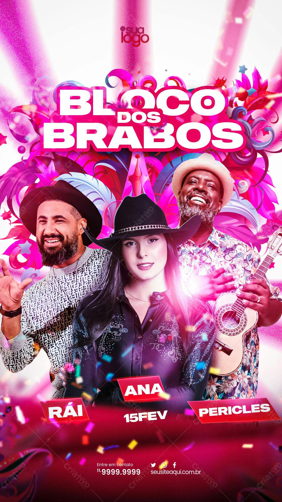 Flyer Bloco dos Bravos com Rai, Ana e Pericles PSD Editável