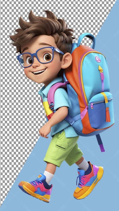 Volta às aulas 3d , menino feliz, óculos, mochila, roupas coloridas, png, arte recortada, pixar, disney