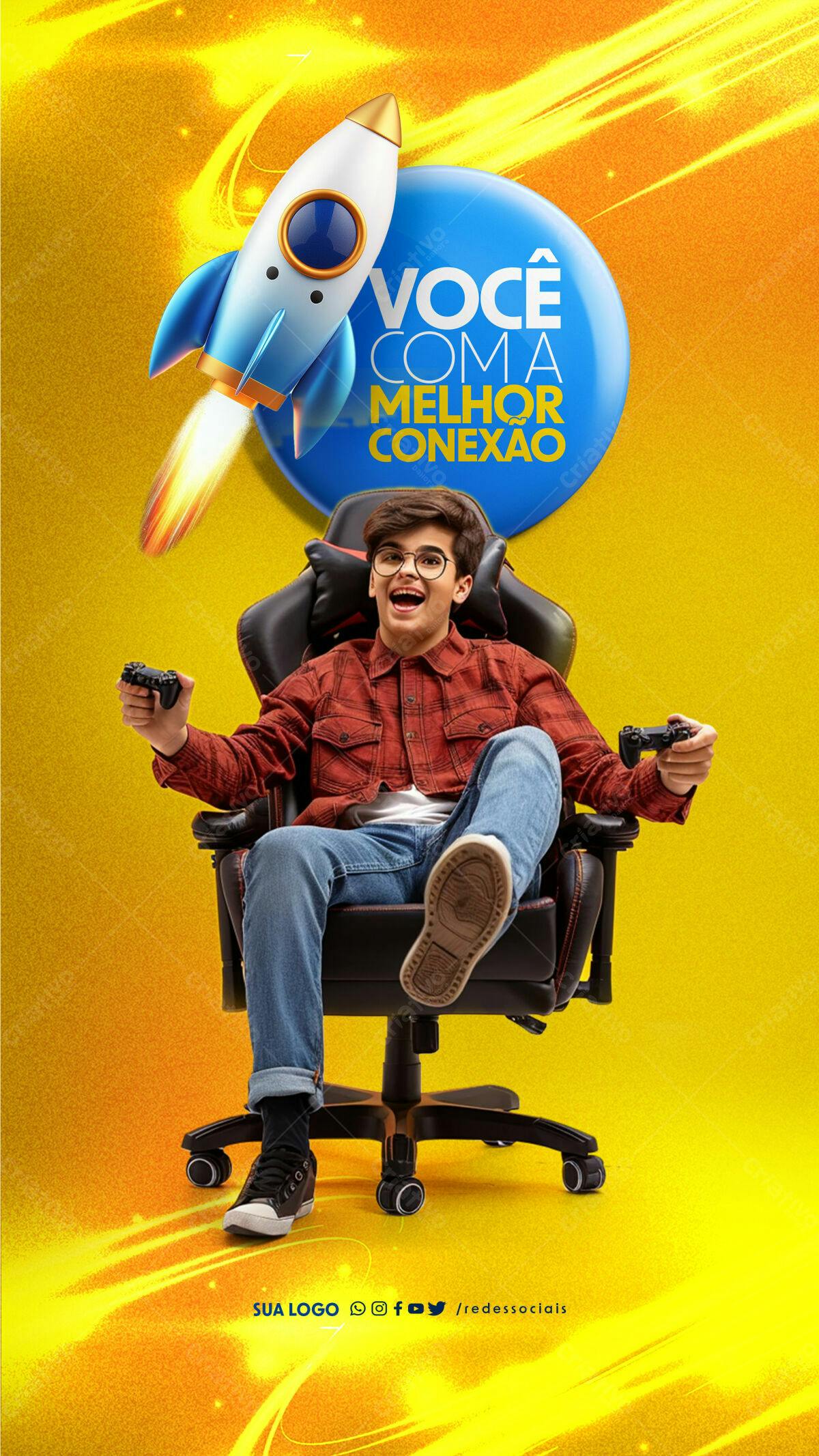 Flyer Gamer com Foguete Amarelo e Azul PSD Editável