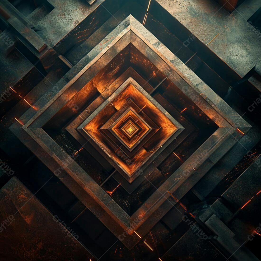 Estruturas geométricas em tons escuros e laranjas